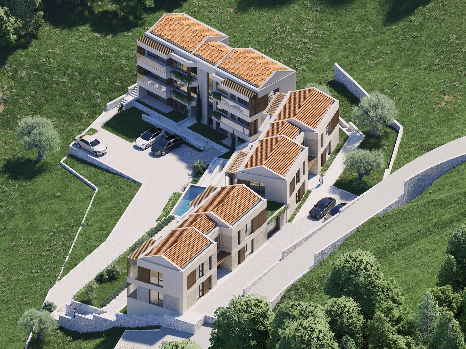 3D-Visualisierung einer Wohnanlage in Blizikuće, Montenegro: moderne Wohnungen mit Ziegeldächern und Pool.