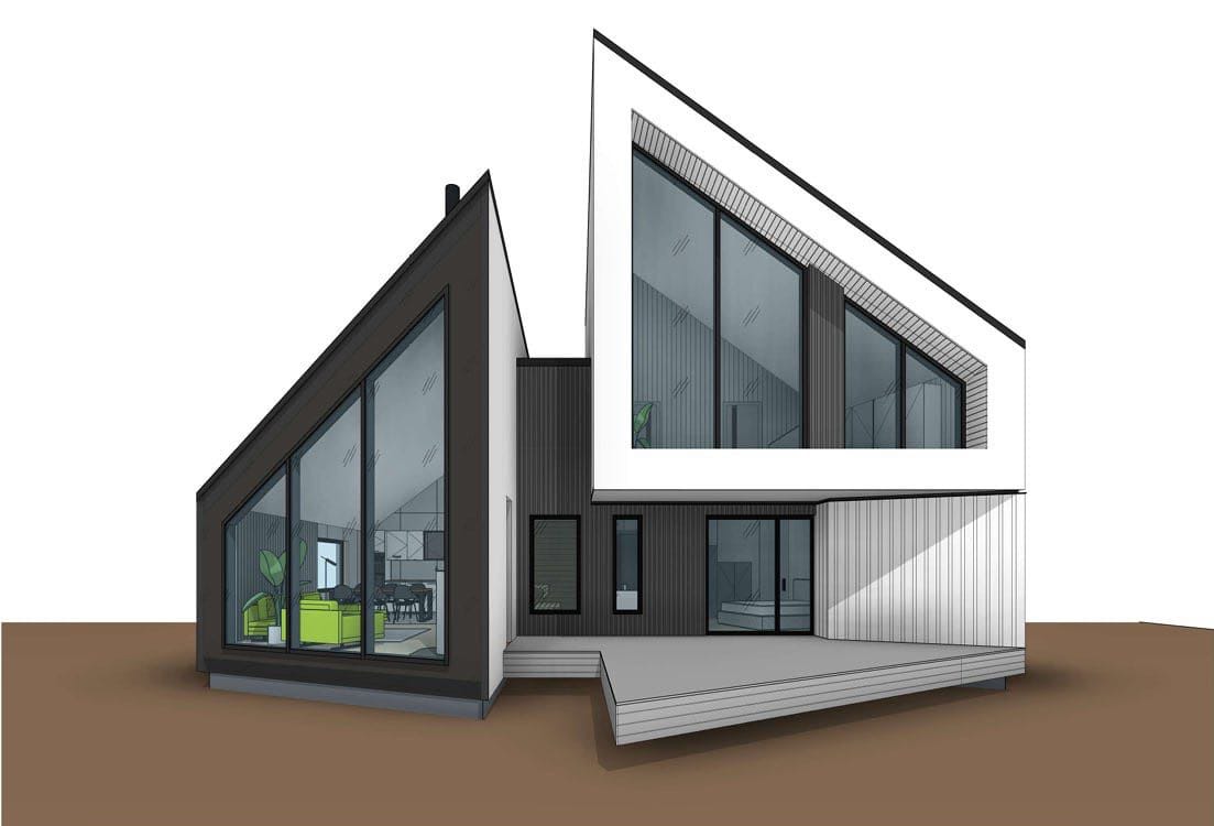 Projekt eines modernen Hauses mit Panoramafenstern und Terrasse in Kolašin, Montenegro: Außenansicht des architektonischen Designs.