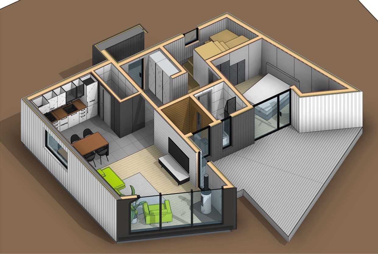 3D-Grundriss eines modernen Hauses in Kolašin, Montenegro: Küche, Wohnzimmer mit Kamin, Schlafzimmer und großzügige Terrasse.