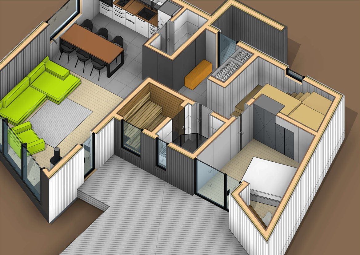 3D-Grundriss eines modernen Hauses in Kolašin, Montenegro: Wohnzimmer, Küche, Schlafzimmer und Sauna mit Panoramaverglasung.