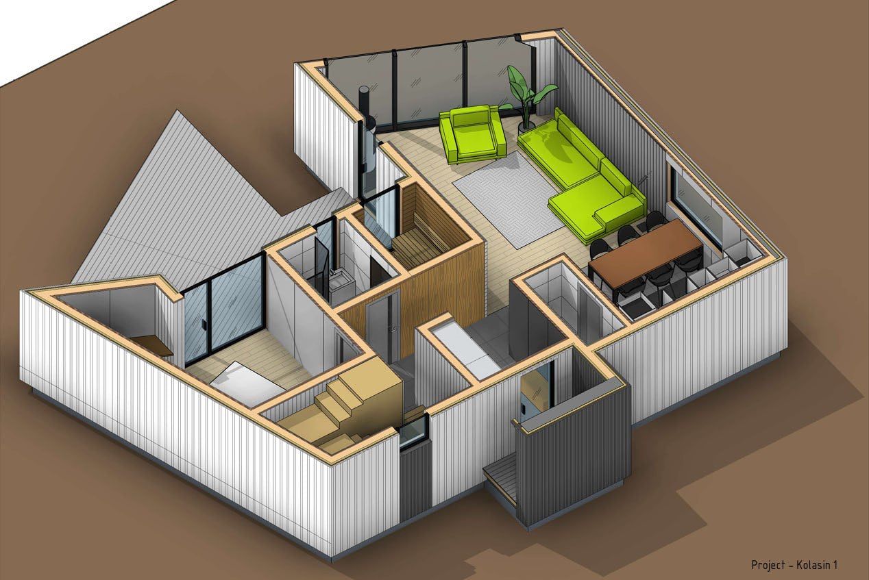 3D-Grundriss eines Hauses in Kolašin, Montenegro: Wohnzimmer mit farbenfrohen Möbeln, Essbereich, Kamin und Schlafzimmer.