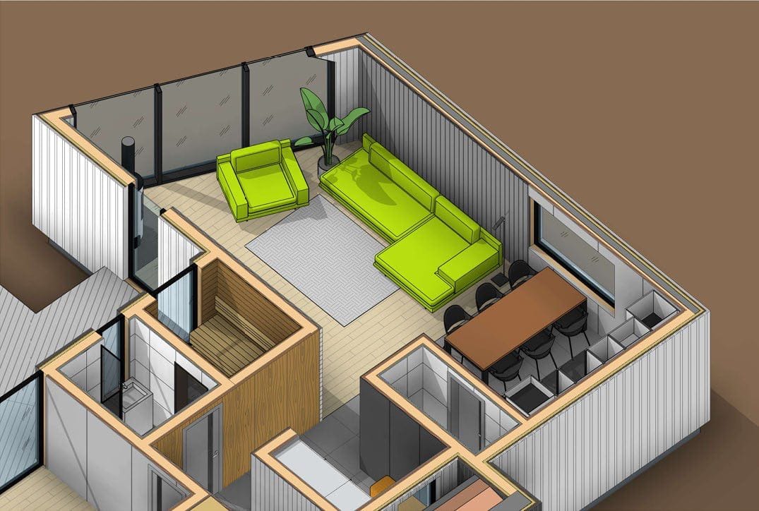 3D-Grundriss des Wohnzimmers mit farbenfrohen Möbeln und Sauna im Hausprojekt, Kolašin, Montenegro.