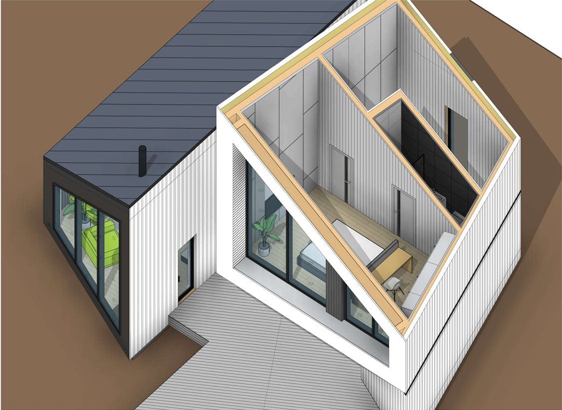 3D-Visualisierung eines modernen Hauses mit Panoramafenstern und Terrasse für ein Immobilienprojekt in Kolašin, Montenegro.