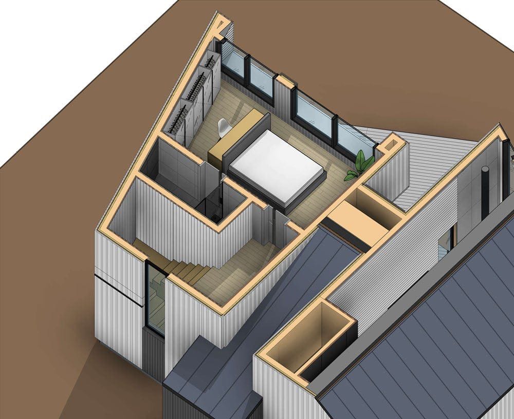 3D-Grundriss eines Schlafzimmers in einem modernen Haus: Kolasin, Montenegro. Draufsicht auf das Interieur mit Bett und Kleiderschrank.