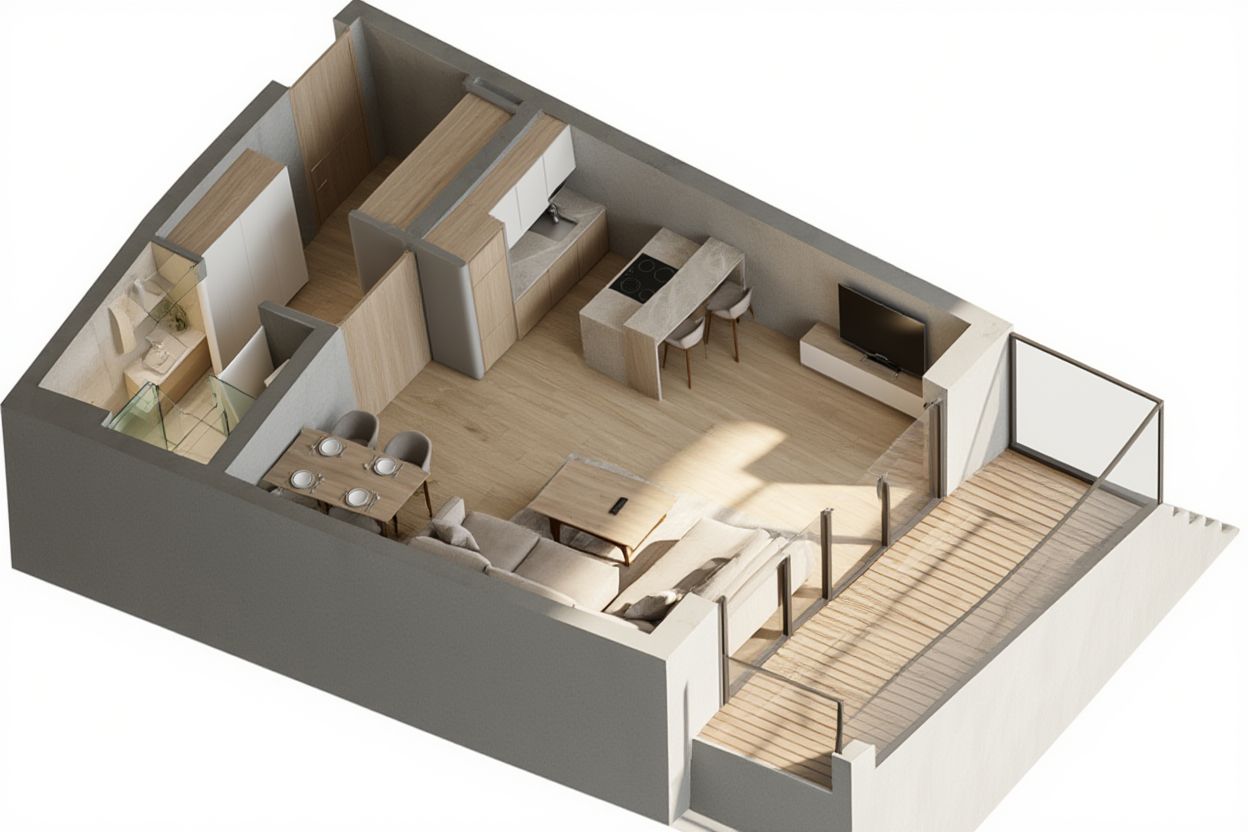 3D plan stana u Bečićima, Crna Gora: dnevni boravak sa kuhinjom, trpezarijom i terasom u modernom stilu.