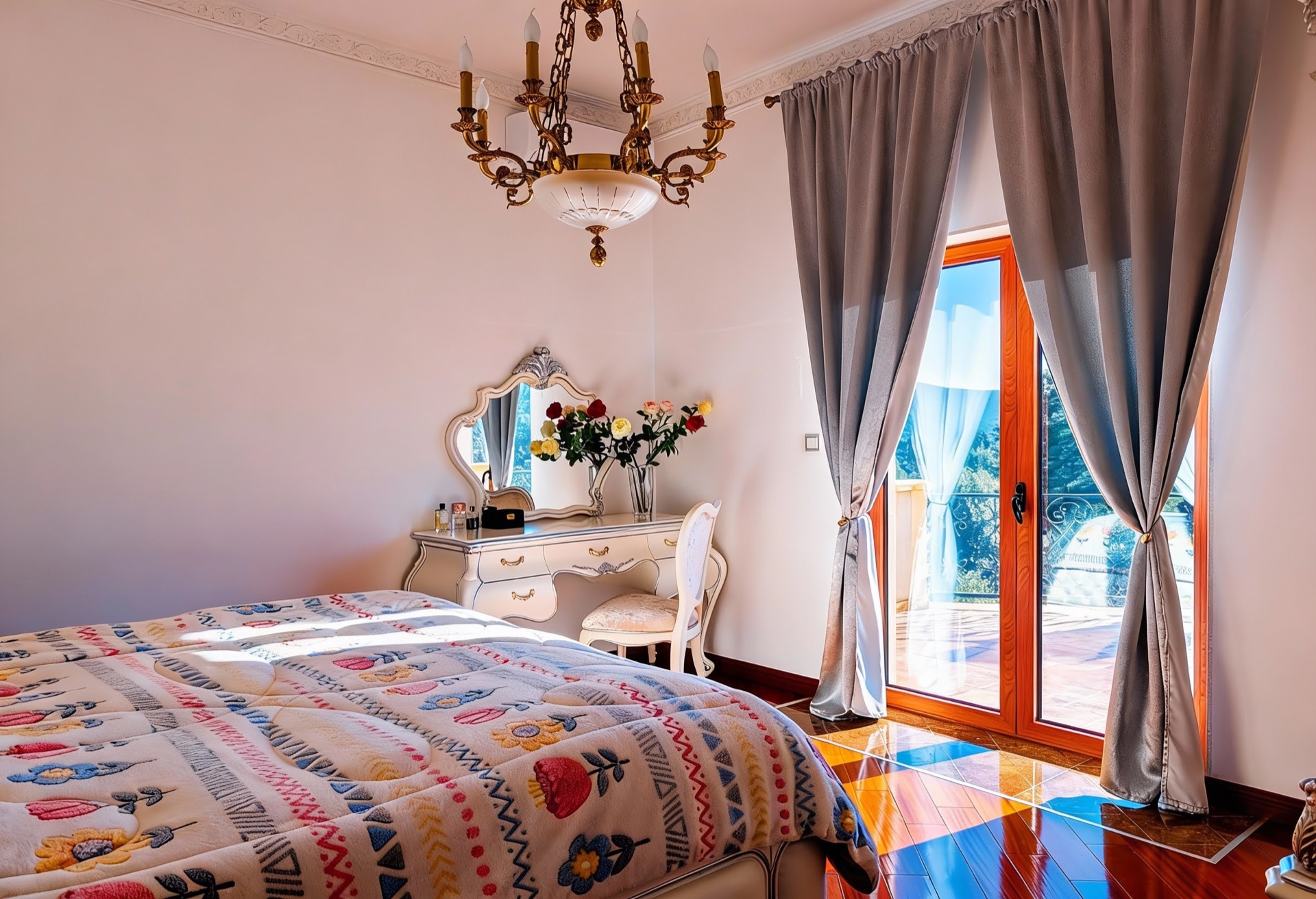 Schlafzimmer in der Villa Luštica, Montenegro: klassische Möbel, Schminktisch, Kronleuchter und Ausgang zur Terrasse mit Aussicht.