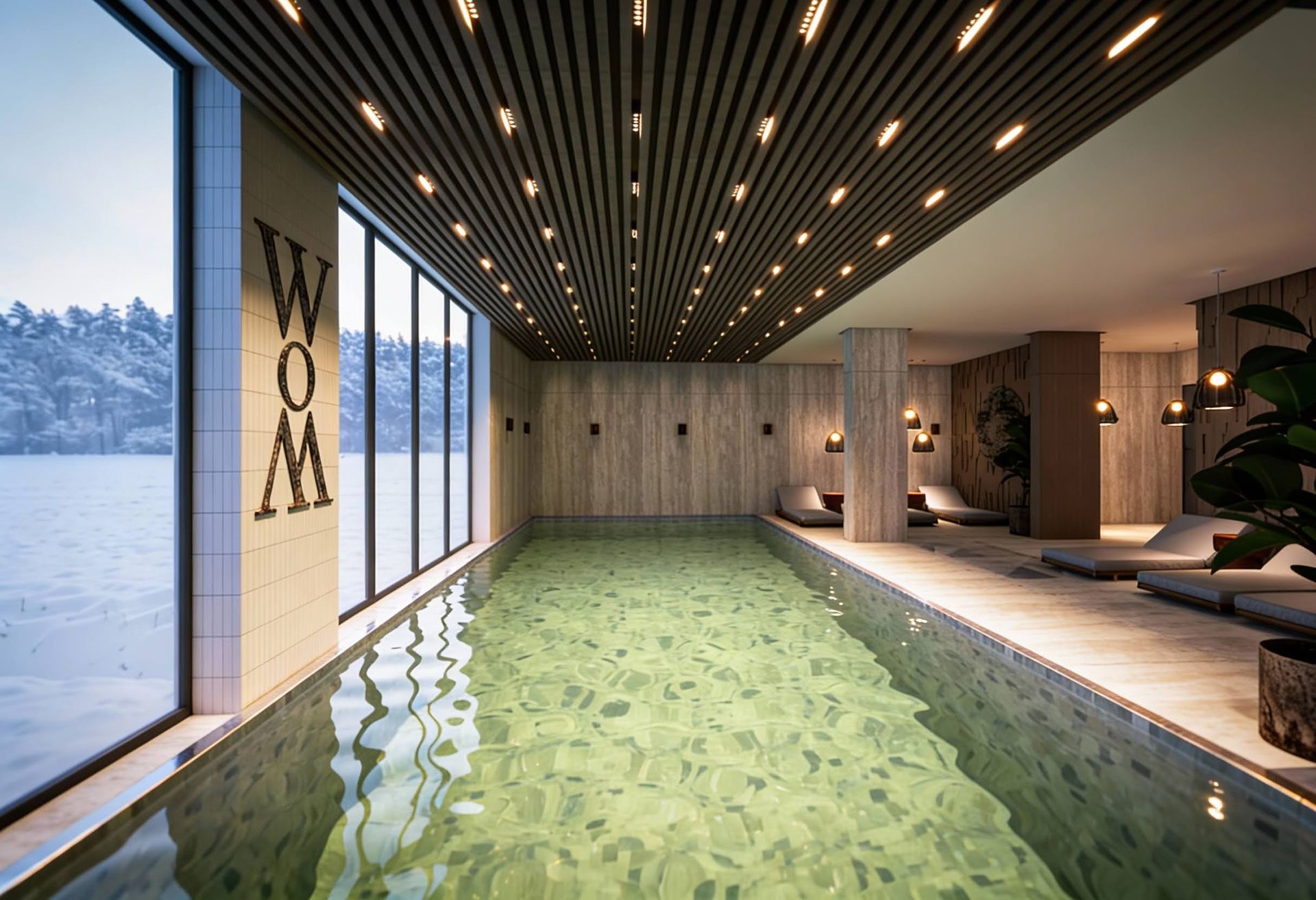 Indoor pool in apartments in Kolašin, Montenegro: panoramic windows, modern wood finishes, and a lounge area.