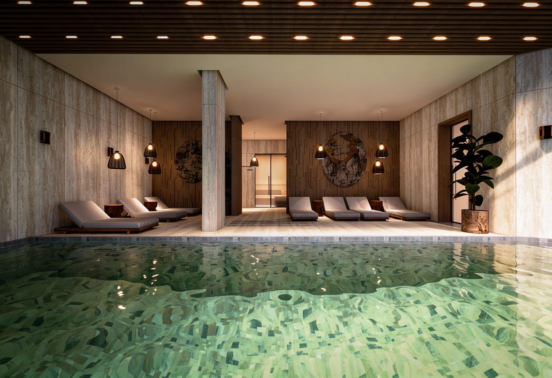 Indoor pool and lounge area with sun loungers in luxury apartments, Kolašin, Montenegro: modern design and finishes.