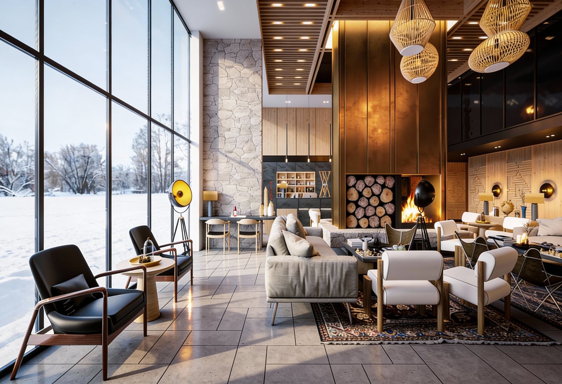 Living room in an apartment in Kolašin, Montenegro: panoramic windows, a fireplace, designer furniture, and a view of snow-covered mountains.