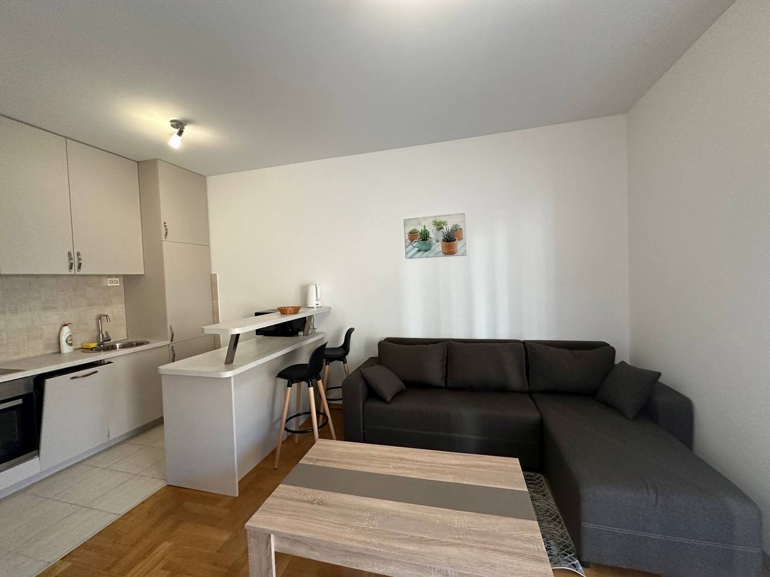 Modern living room with a kitchen in an apartment in Becici, Montenegro: corner sofa, breakfast bar, and light-toned finishes.