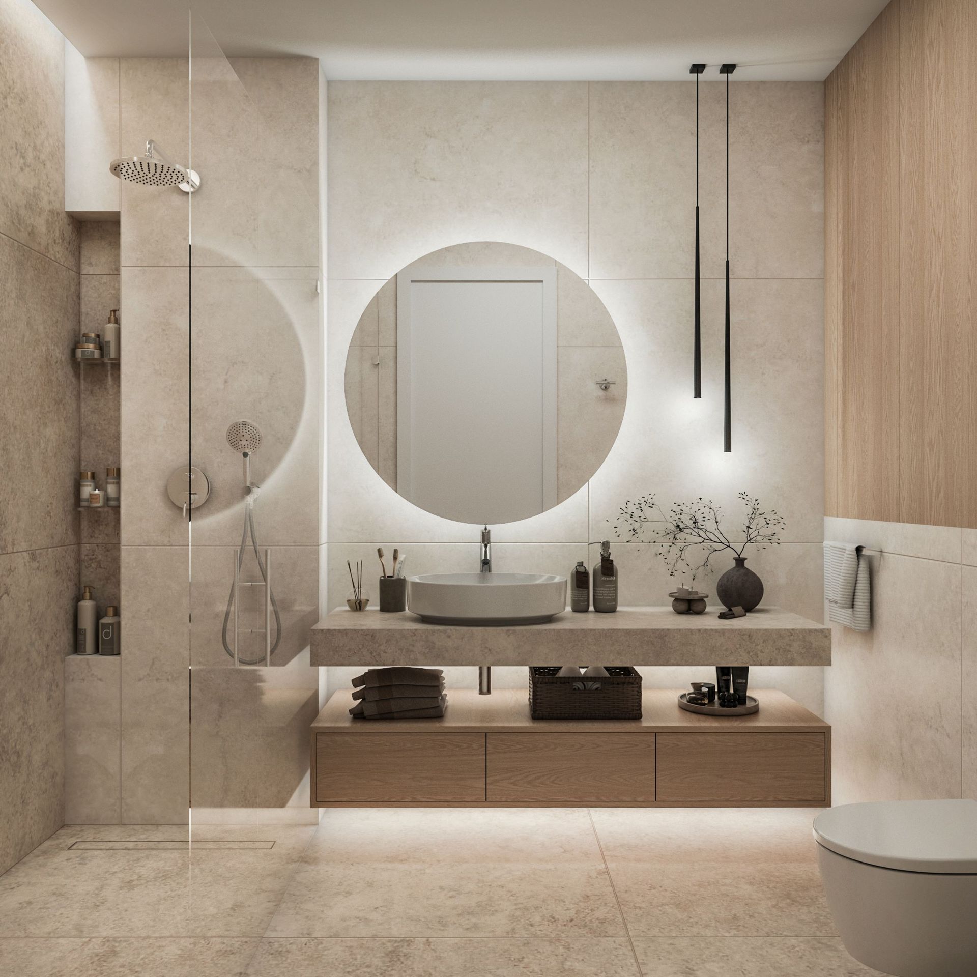 Salle de bains moderne dans le ЖК Reževići, Monténégro : revêtement en pierre, miroir rond éclairé et mobilier en bois.