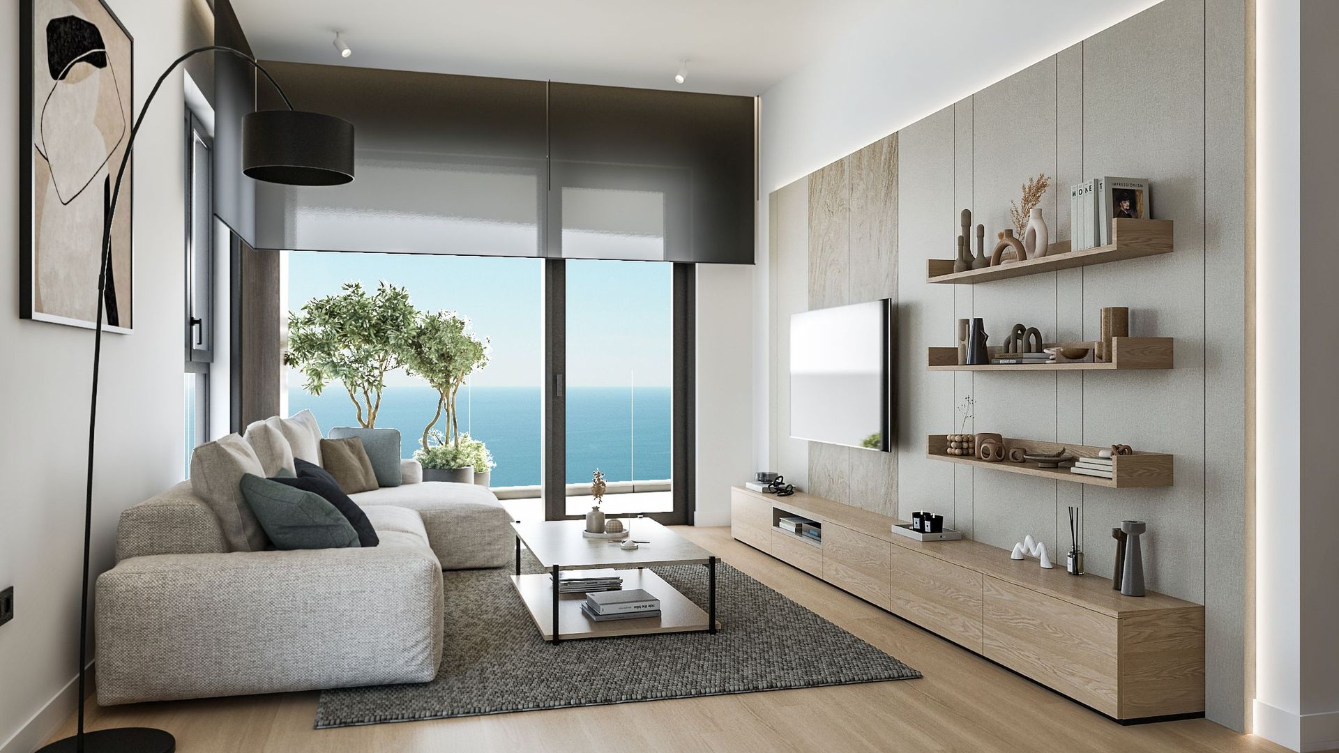 Salon moderne avec vue sur la mer dans le complexe résidentiel Reževići, Monténégro : canapé clair, espace TV et finitions design.