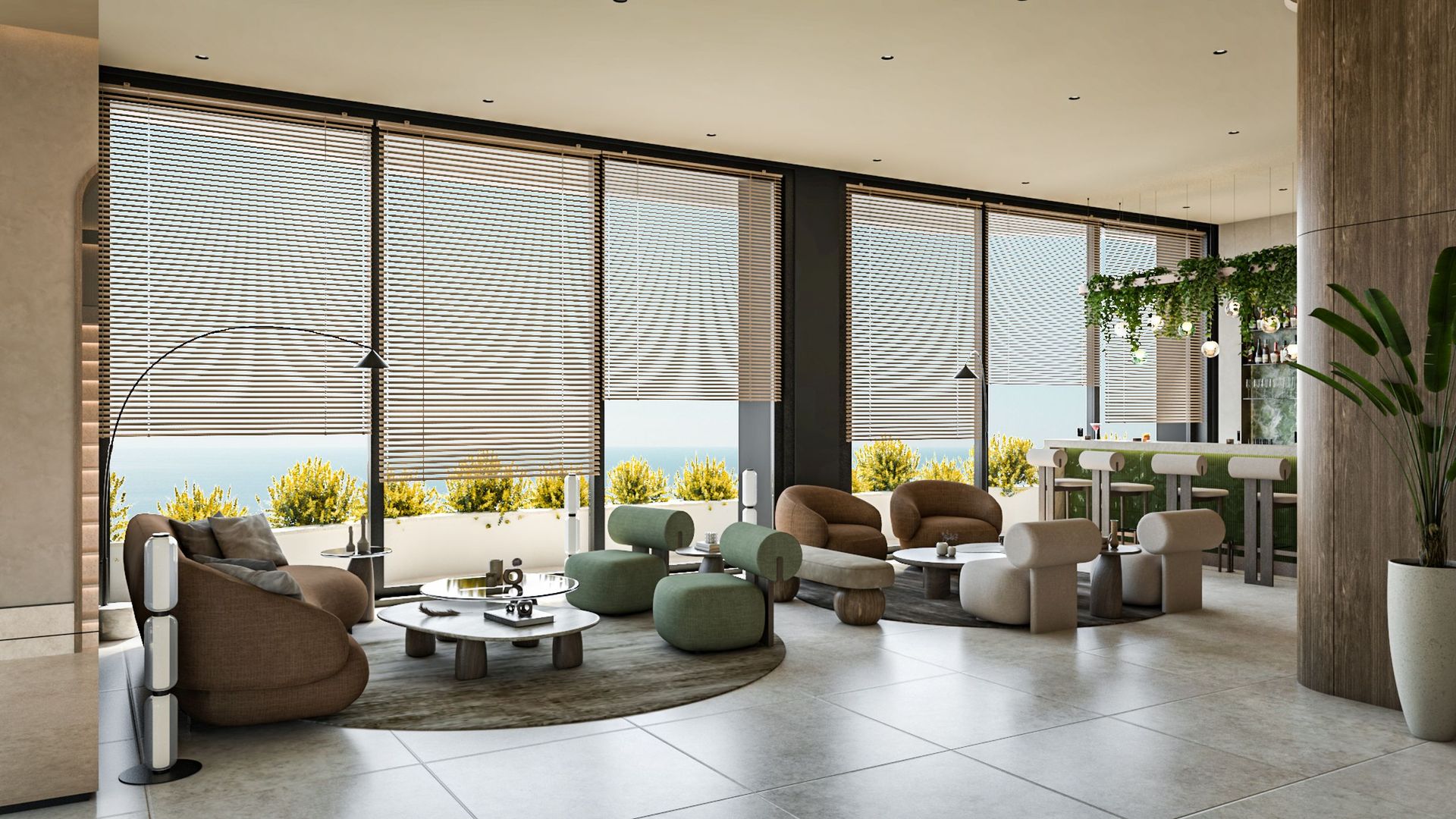 Salon moderne avec vue panoramique sur la mer dans le complexe résidentiel Reževići, Monténégro : mobilier design et coin bar.