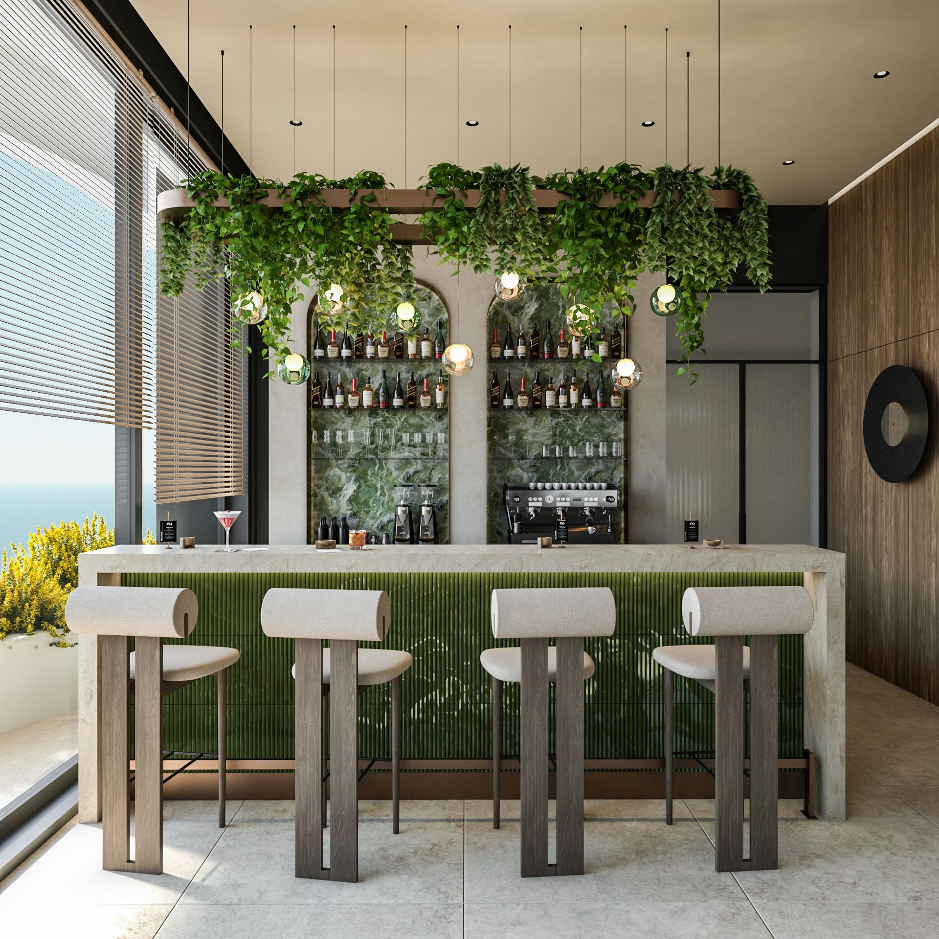 Bar élégant avec finition en marbre et verdure dans le ЖК Reževići, Monténégro : mobilier moderne et vue panoramique sur la mer.