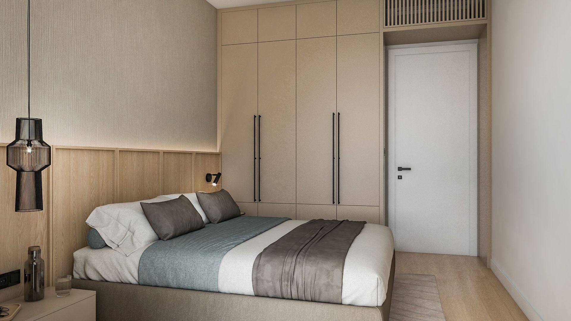 Chambre moderne dans le ЖК Режевичи, Monténégro : lit double, placard intégré et éclairage élégant.