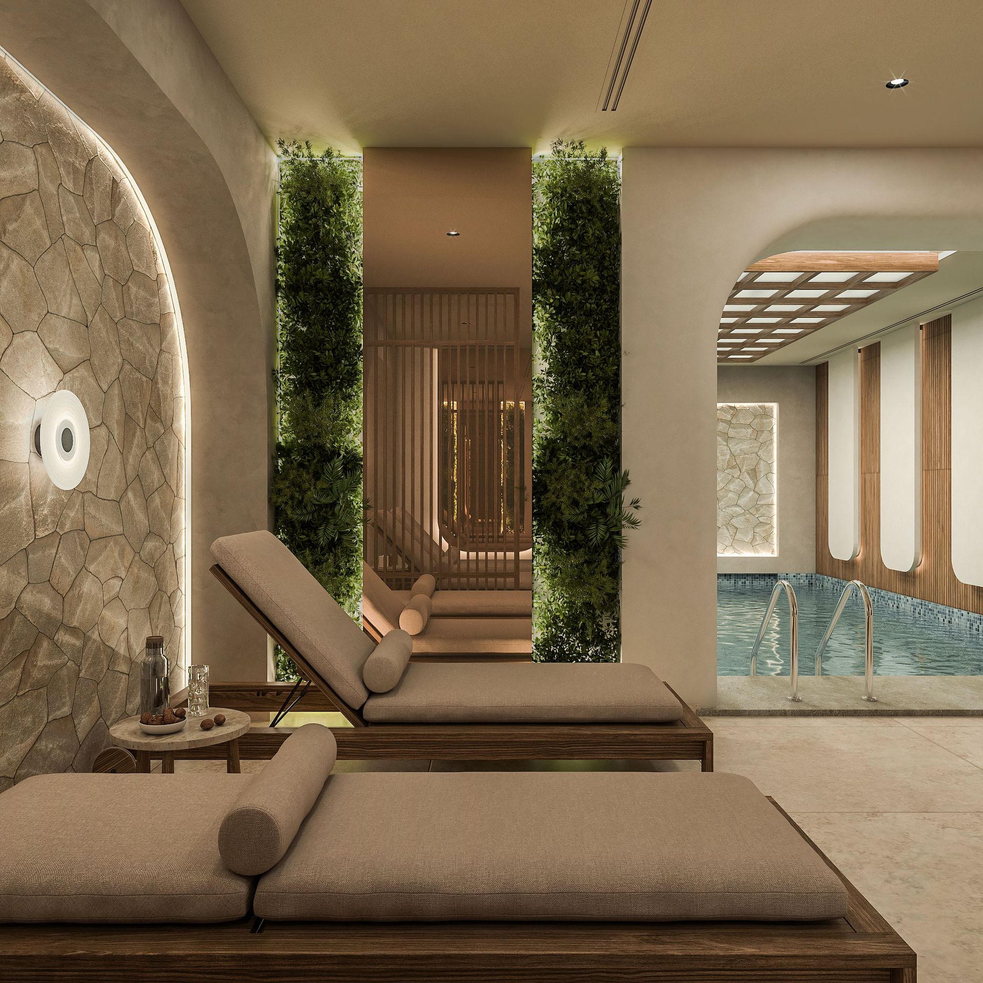 Espace détente avec chaises longues et piscine couverte dans un complexe résidentiel, Reževići, Monténégro : design moderne, finition en pierre.