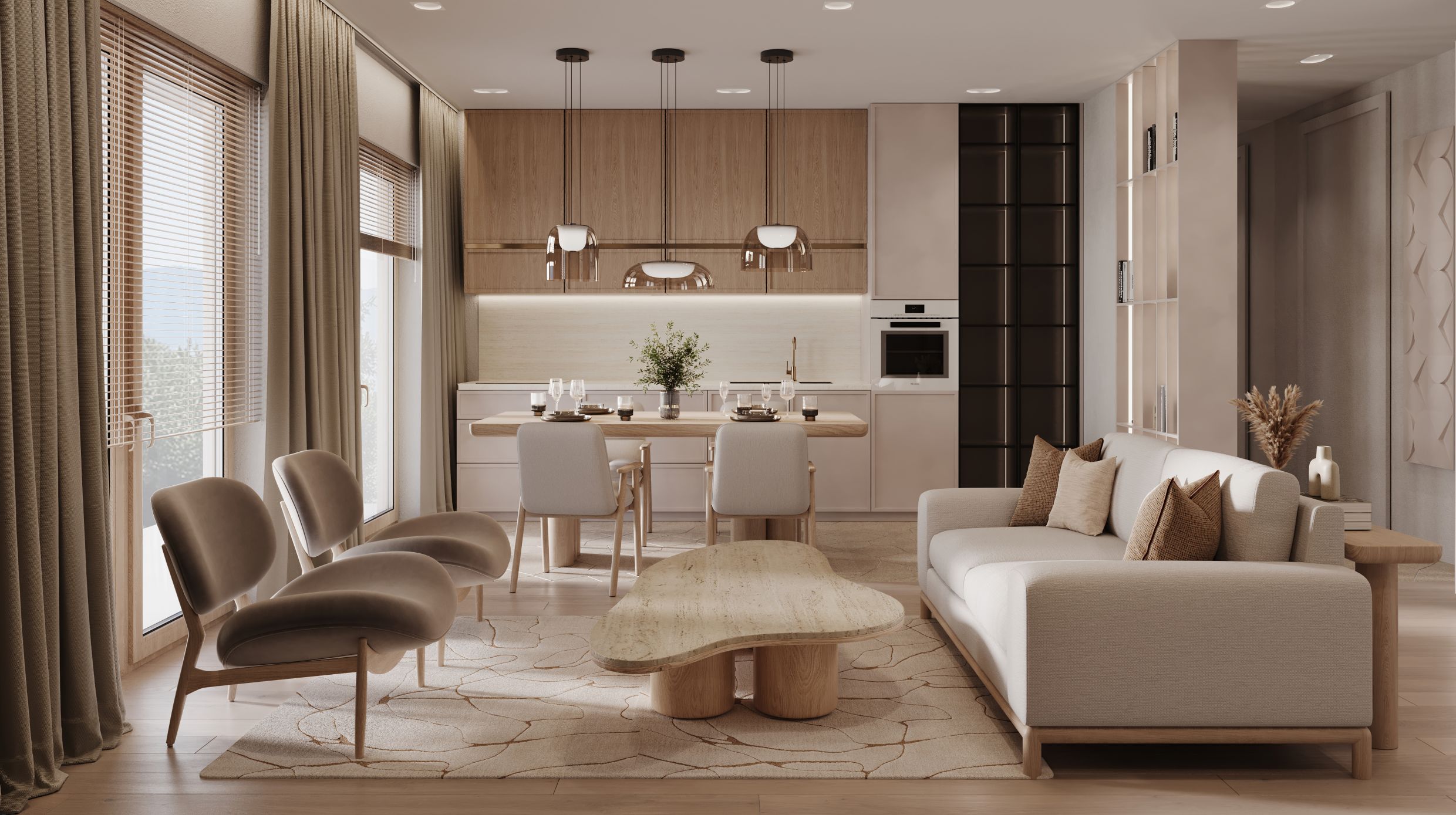 Nowoczesny salon z aneksem kuchennym w apartamencie w kompleksie mieszkaniowym w Tivacie, Czarnogóra: designerskie meble, jasna kolorystyka i panoramiczne okna.