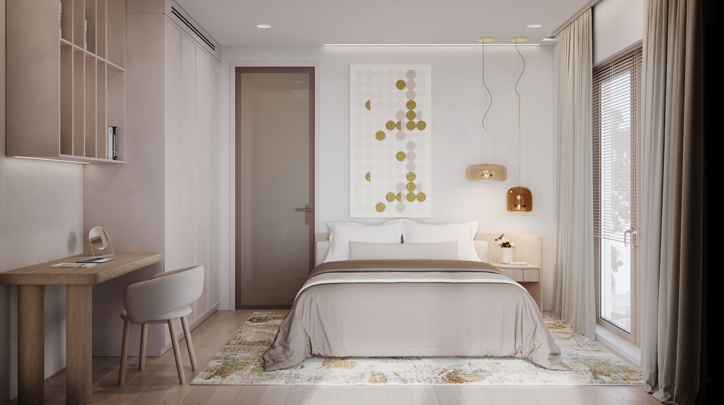 Nowoczesna sypialnia w apartamencie w Tivacie, Czarnogóra: łóżko dwuosobowe, biurko i designerskie oświetlenie.