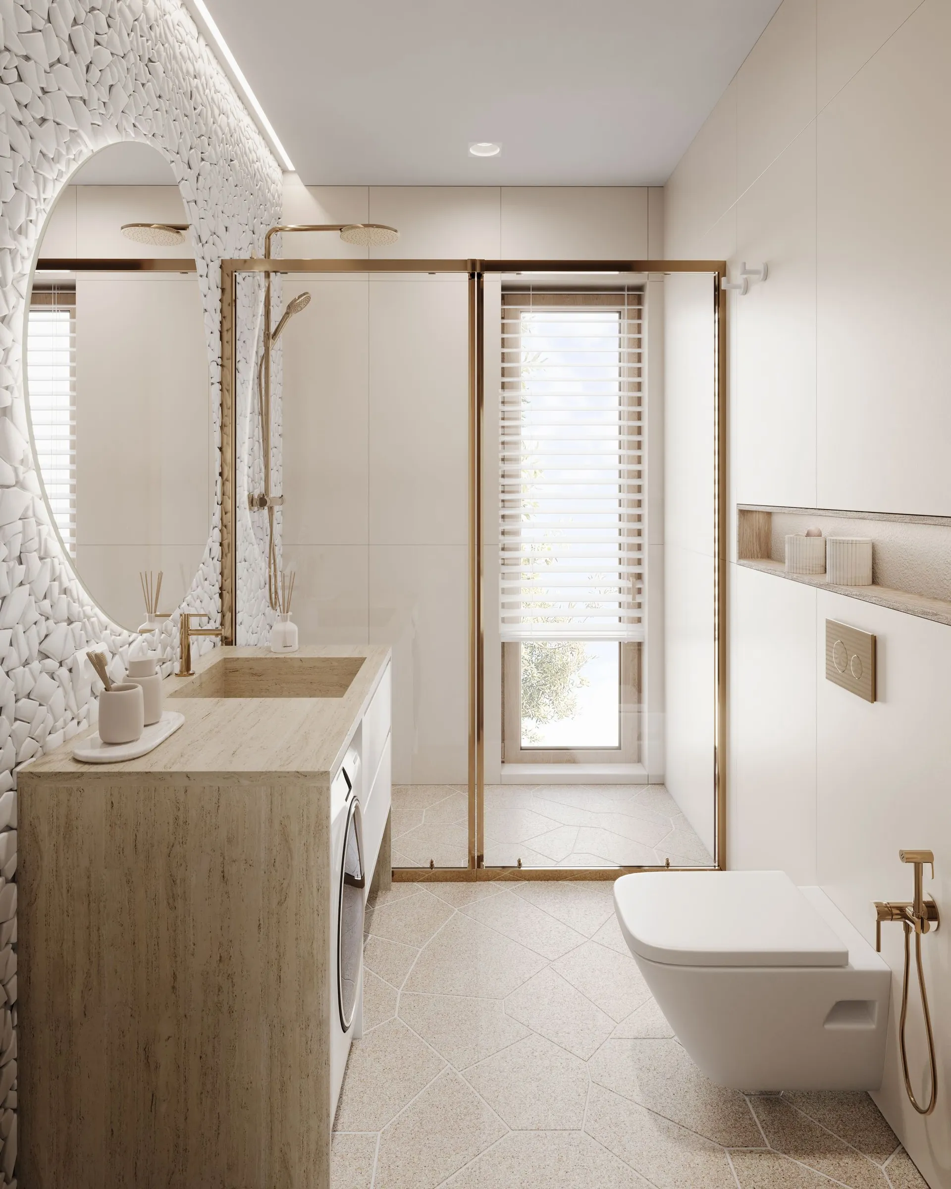 Modern bathroom featuring a stone sink, gold fixtures, glass shower enclosure, and a textured white stone wall.