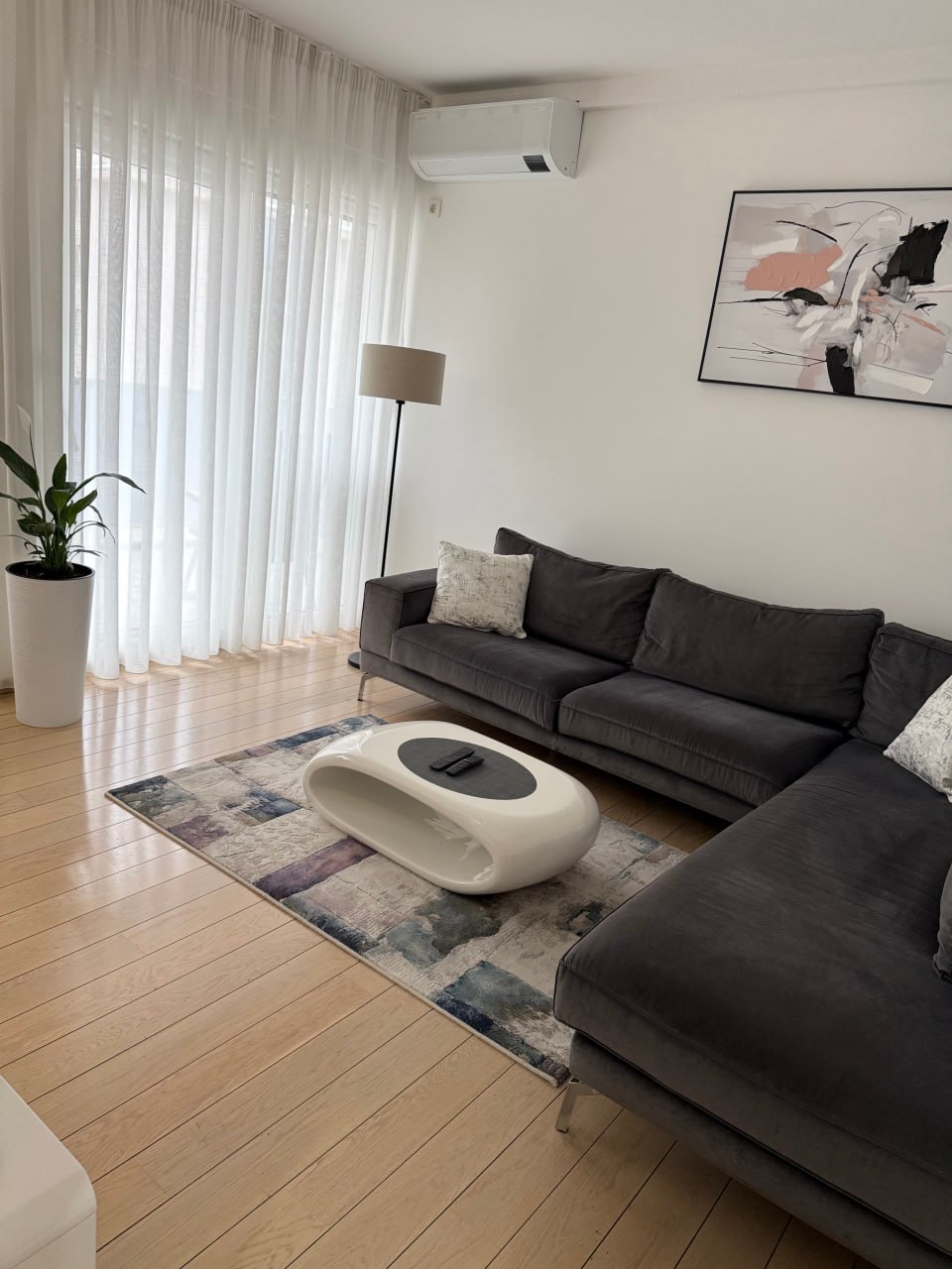 Salon moderne dans un appartement à Podgorica, Monténégro : canapé gris, table design et intérieur lumineux.