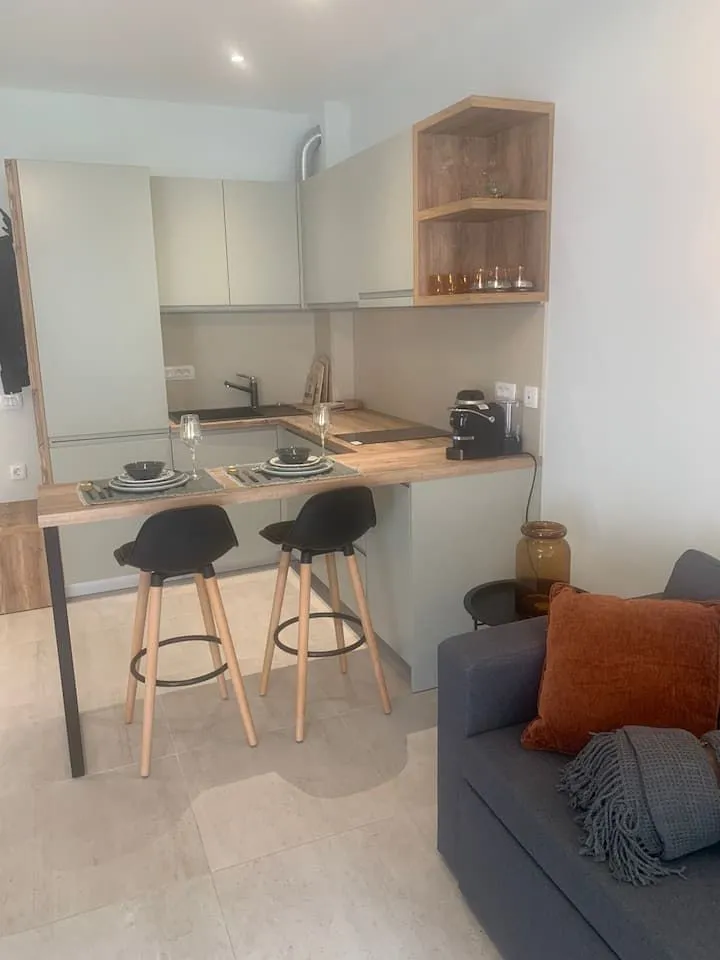 Moderna kuhinja-studio u stanu u Kotoru, Crna Gora: barski pult, stilski kuhinjski element i zona za odmor sa sofom.