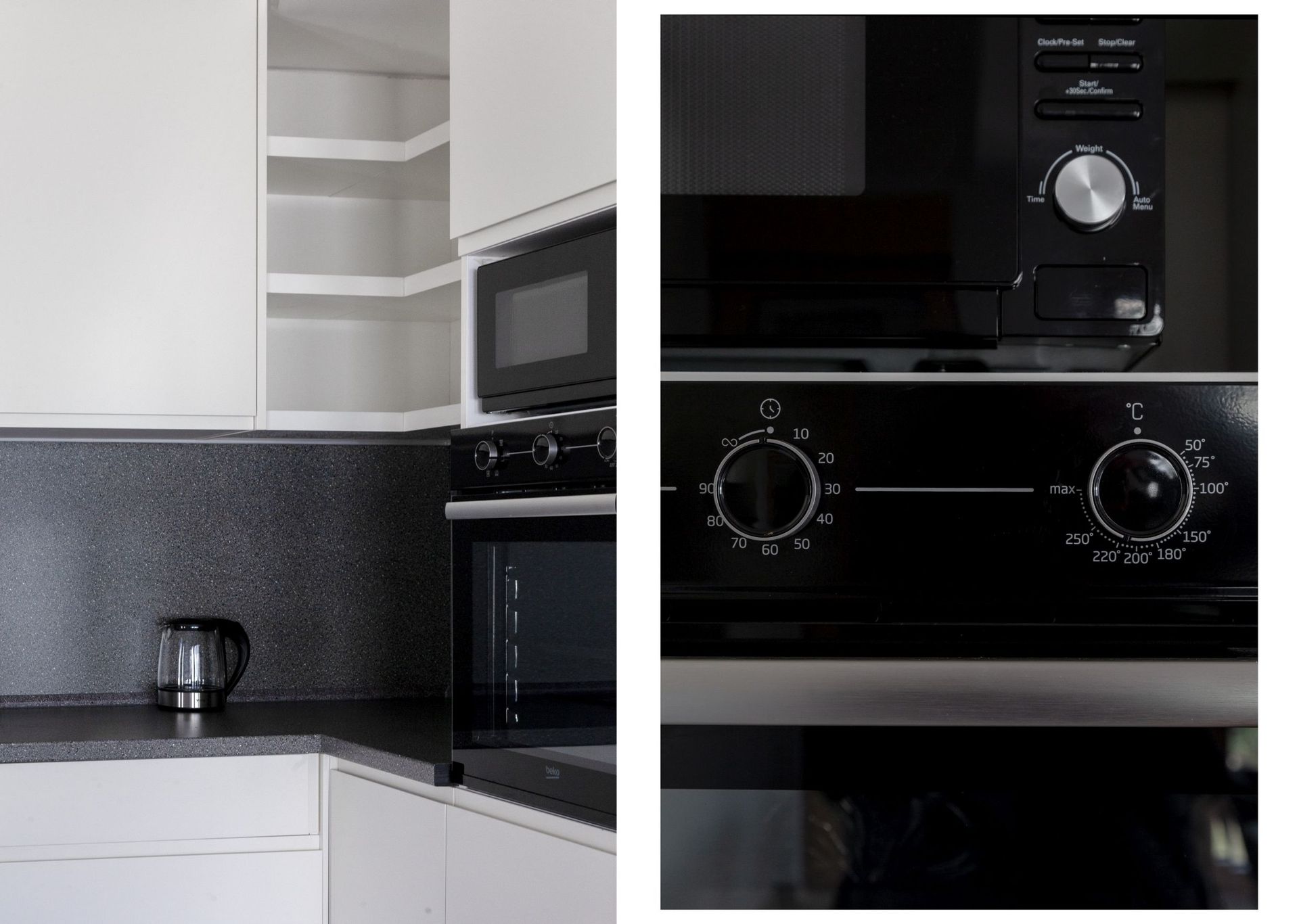 Moderne Küche in einer Wohnung in Kotor, Montenegro: Einbaugeräte von Beko, Backofen und Mikrowelle.