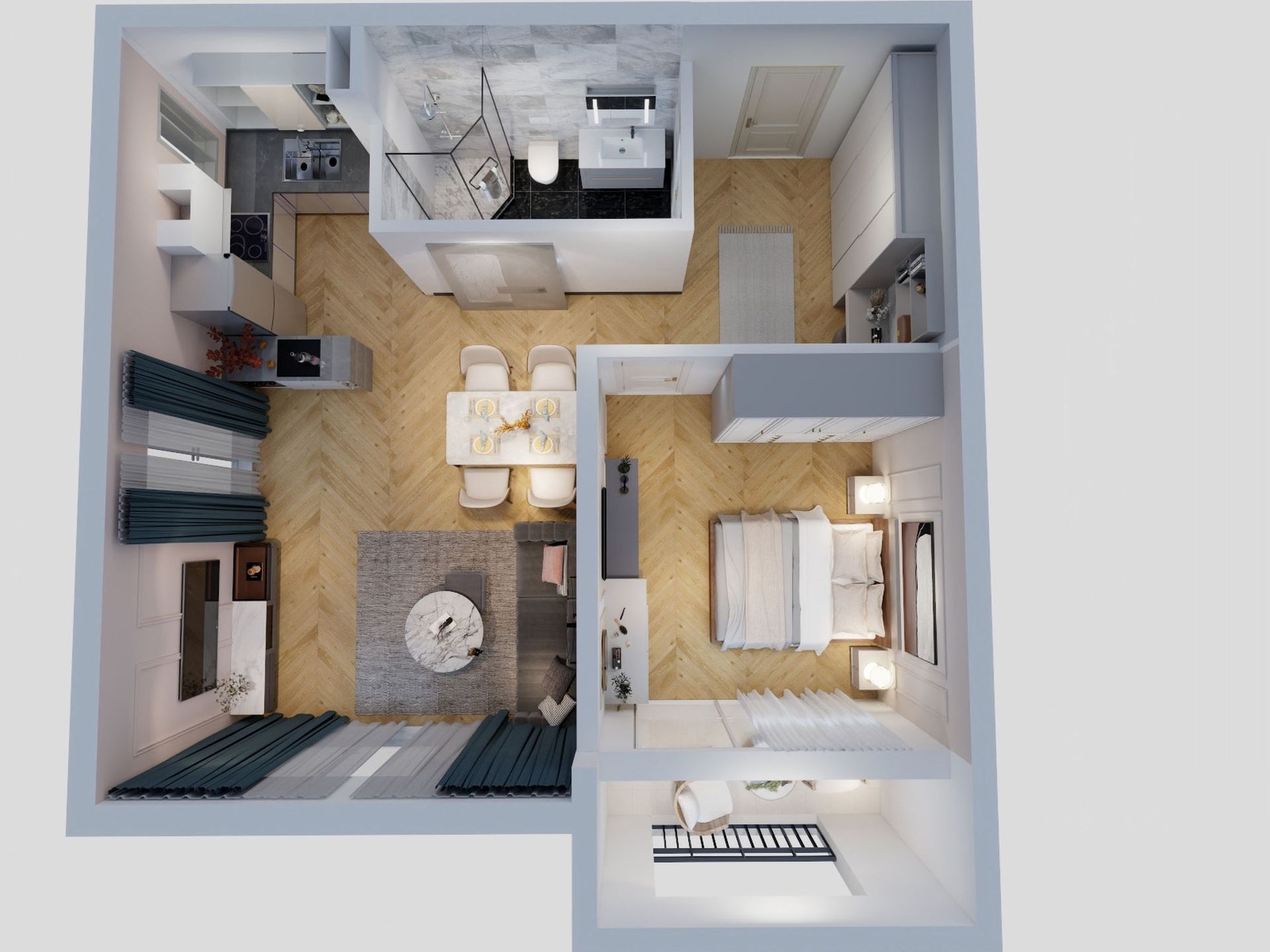 3D-планировка квартиры в ЖК Сутоморе, Черногория: гостиная с кухней, спальня, санузел и паркетный пол в интерьере.