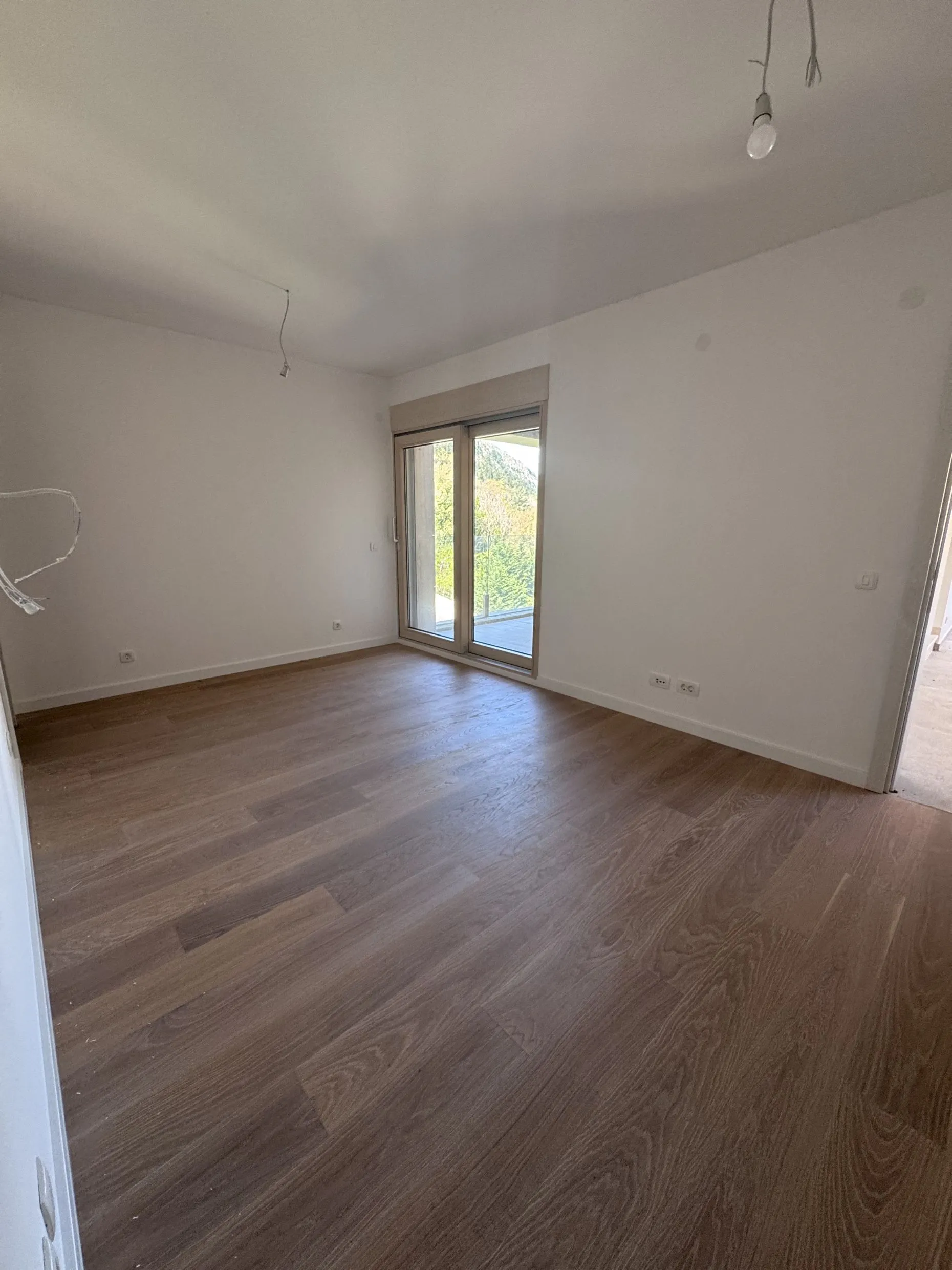 Ein leerer Raum mit Holzboden und weißen Wänden. Eine Glastür zum Balkon ist sichtbar, sowie eine hängende Lampe ohne Schirm.