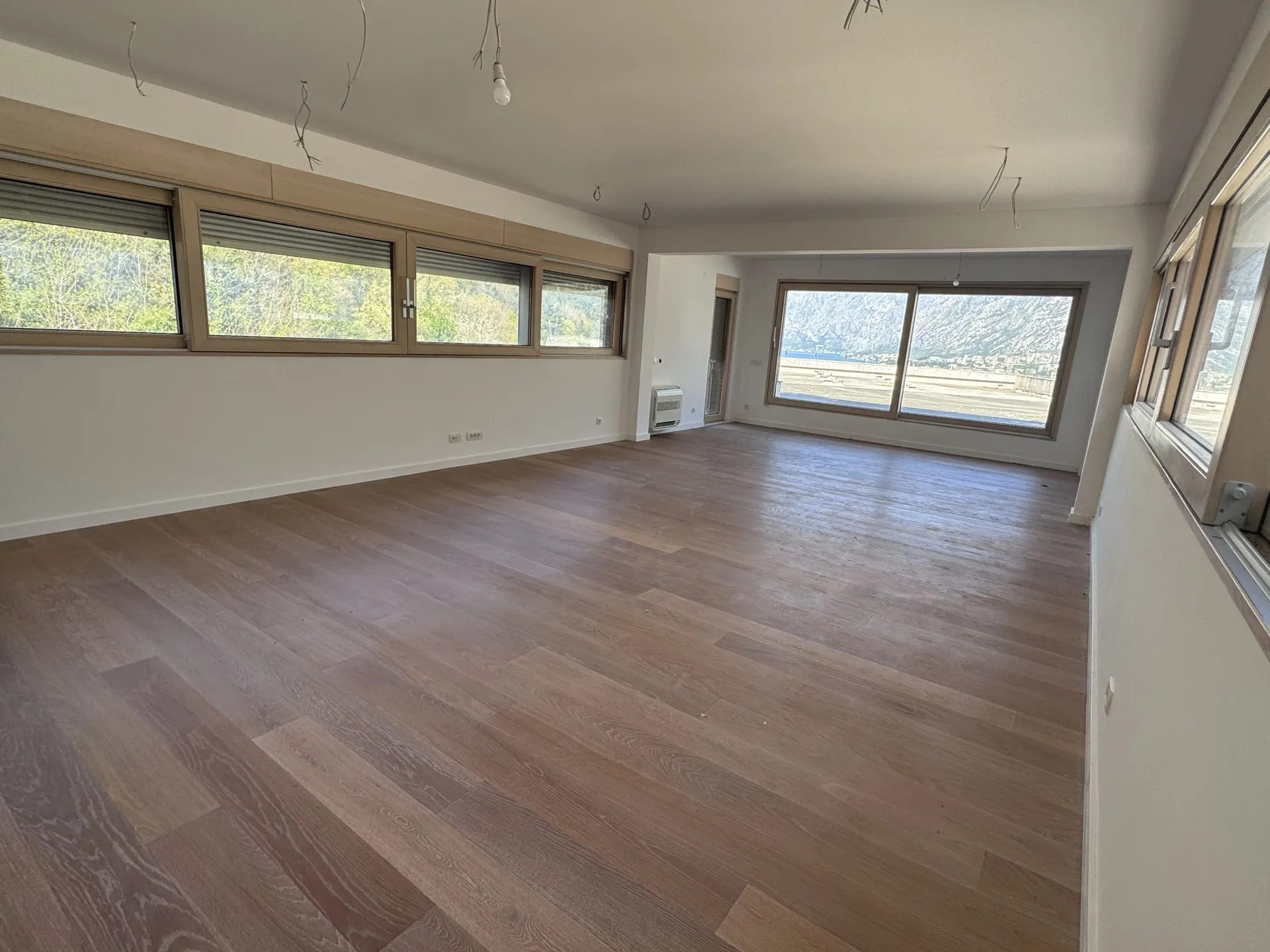 Leeres Zimmer mit Holzboden und großen Fenstern. Kabel hängen von der Decke, draußen ist eine Bergansicht.