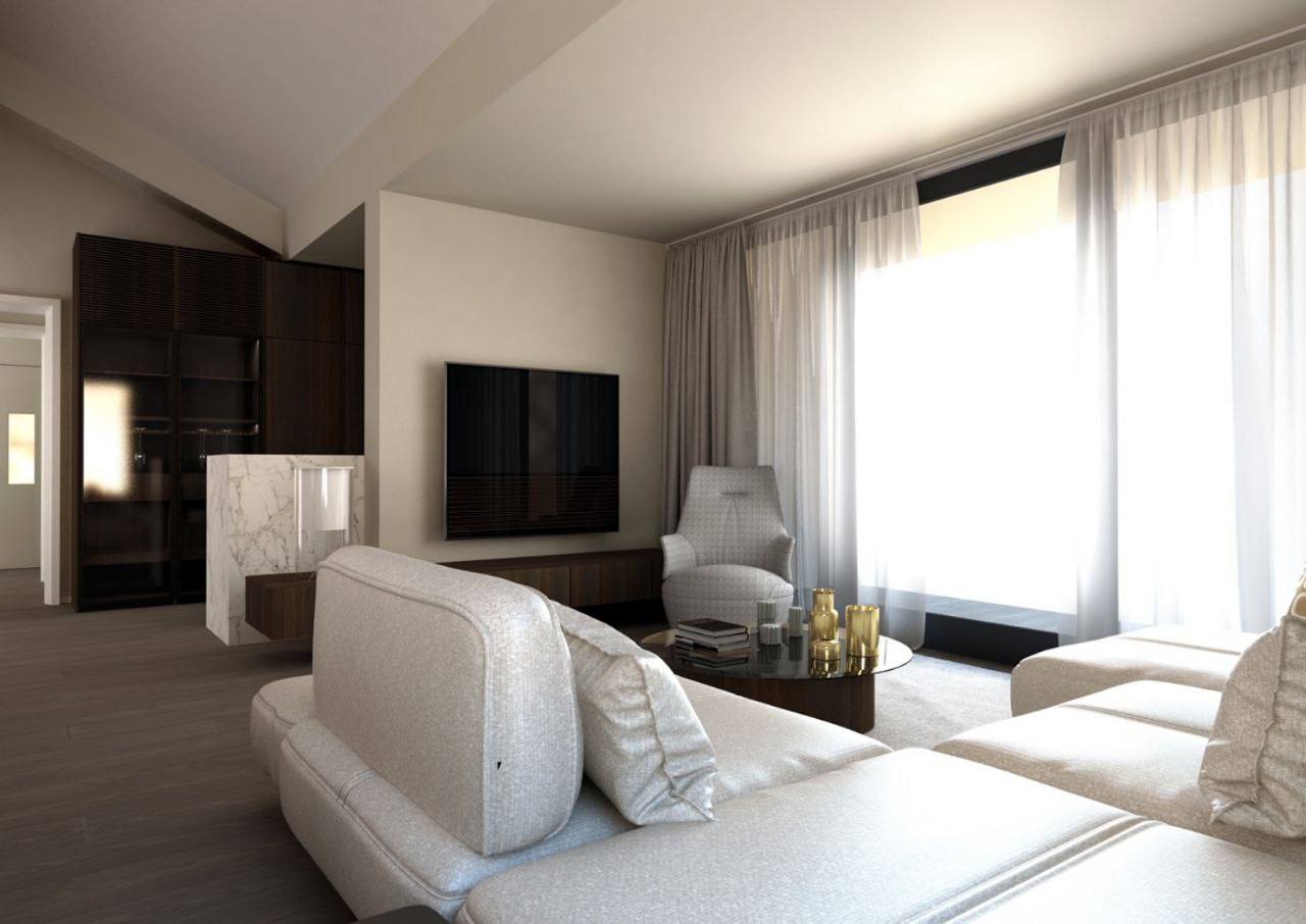 Modernes Wohnzimmer in einem Penthouse in Budva, Montenegro: helles Sofa, Marmorverkleidung und Panoramafenster.