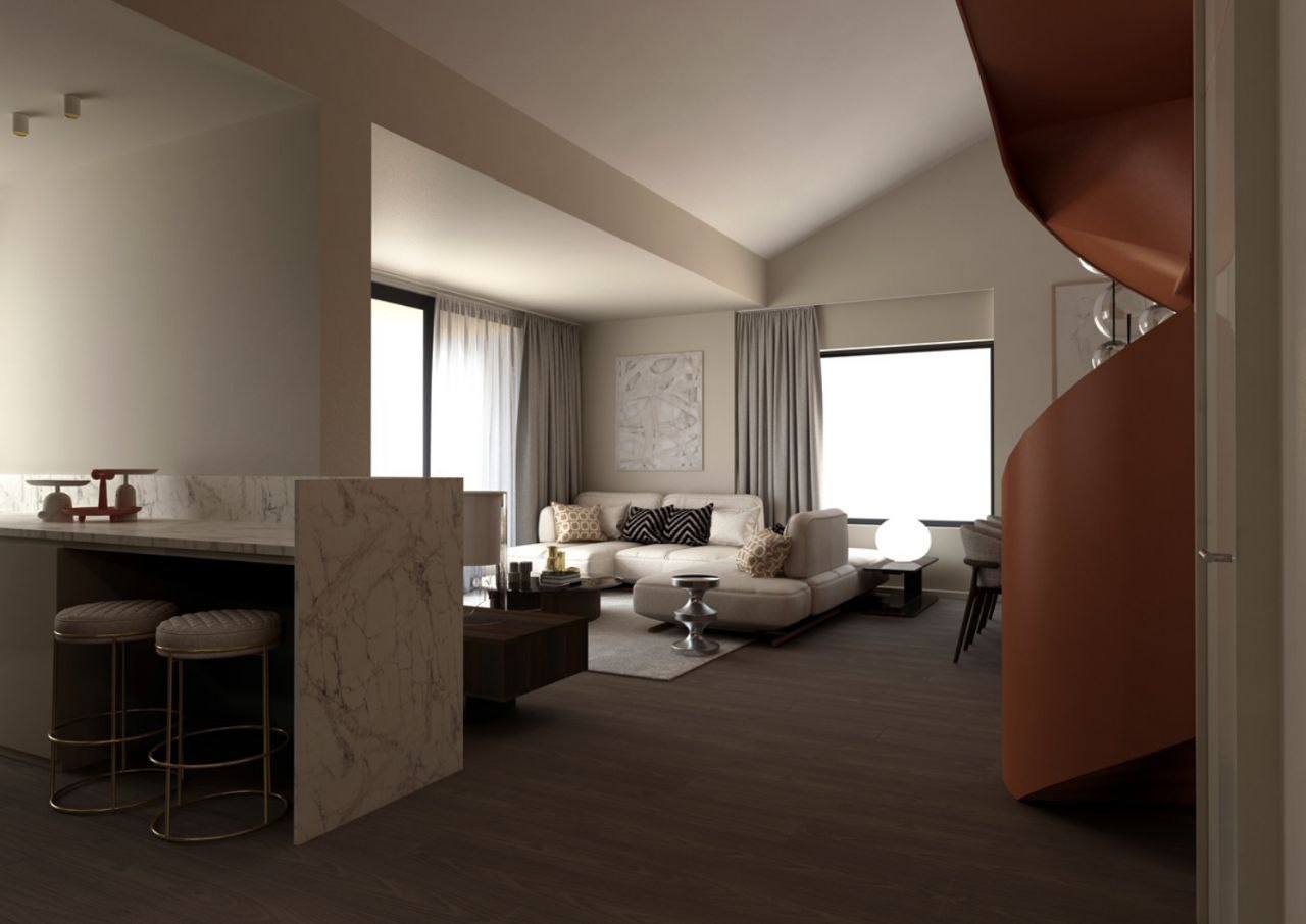 Modernes Wohnzimmer in einem Penthouse in Budva, Montenegro: Marmor-Bartheke, Wendeltreppe und Polstermöbel.