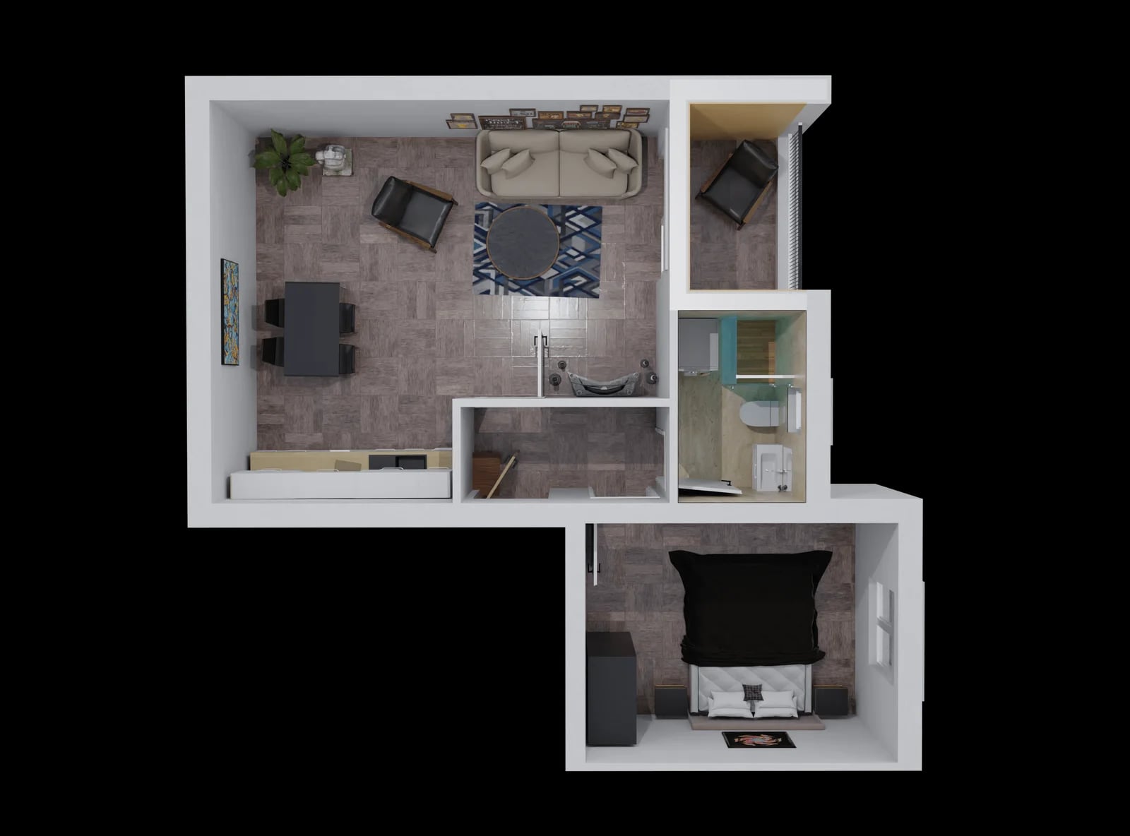 3D-Grundriss der Wohnung im ЖК Bar, Montenegro: Wohnzimmer mit Möbeln, Essbereich, Schlafzimmer und Bad, Draufsicht.