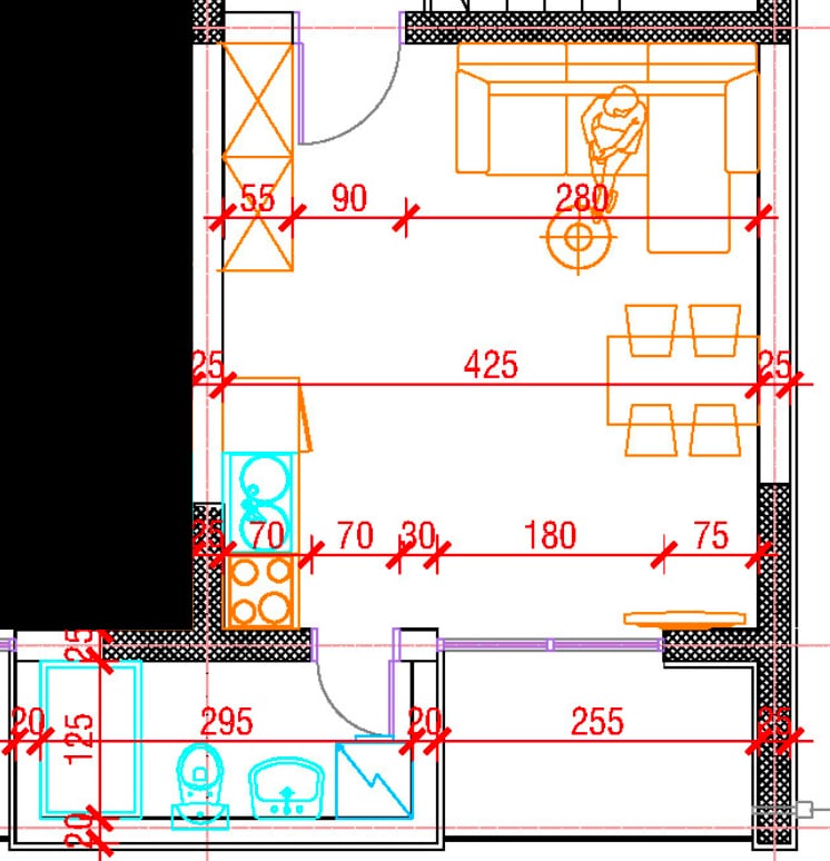 Living room layout with kitchen and bathroom in an apartment, Budva, Montenegro: furniture arrangement scheme and room dimensions.