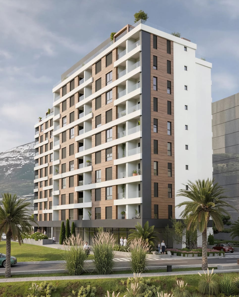 Moderner Wohnkomplex mit Terrassen in Bar, Montenegro: Blick auf die Fassade des Gebäudes mit Palmen und Bergen.