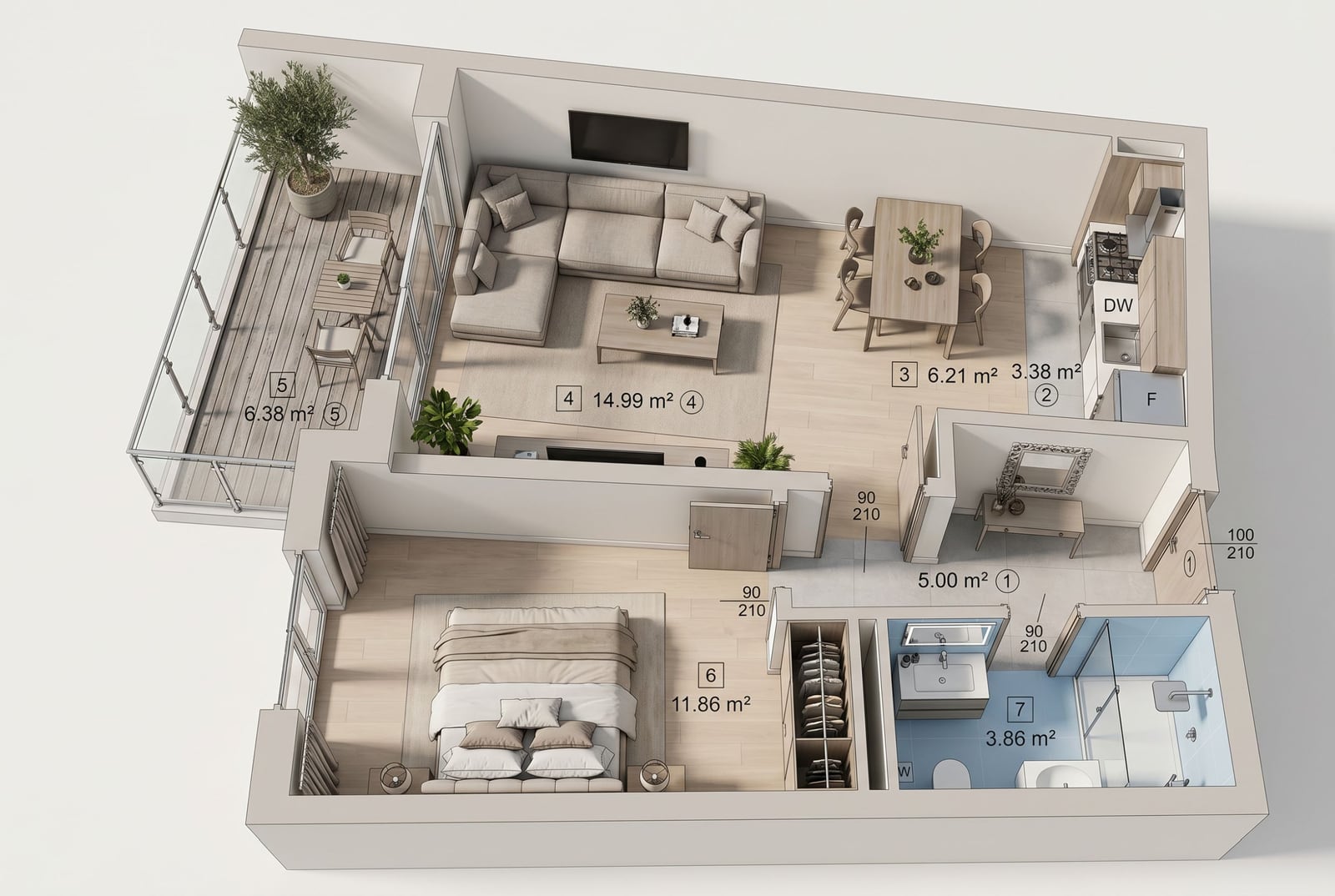 3D-Grundriss einer Wohnung in Bečići, Montenegro: Wohnzimmer mit Terrasse, Schlafzimmer, Küche und Badezimmer mit modernen Möbeln.