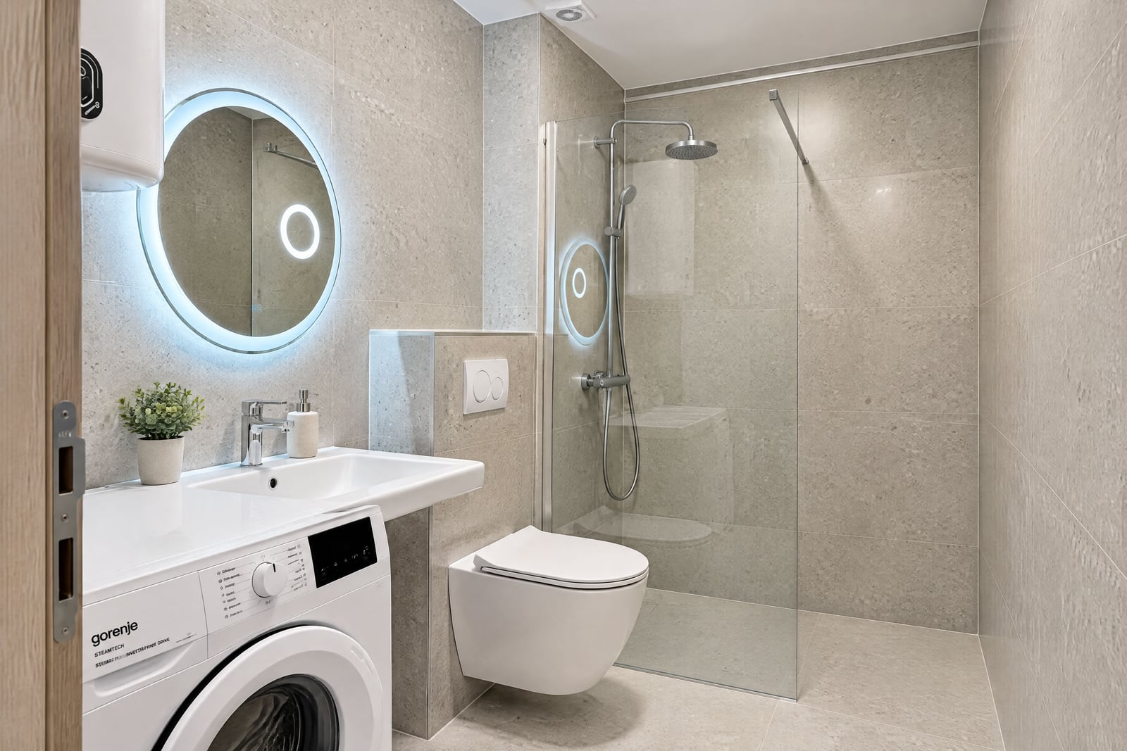 Modern bathroom with a shower cabin, washing machine, and round mirror in an apartment in Budva, Montenegro