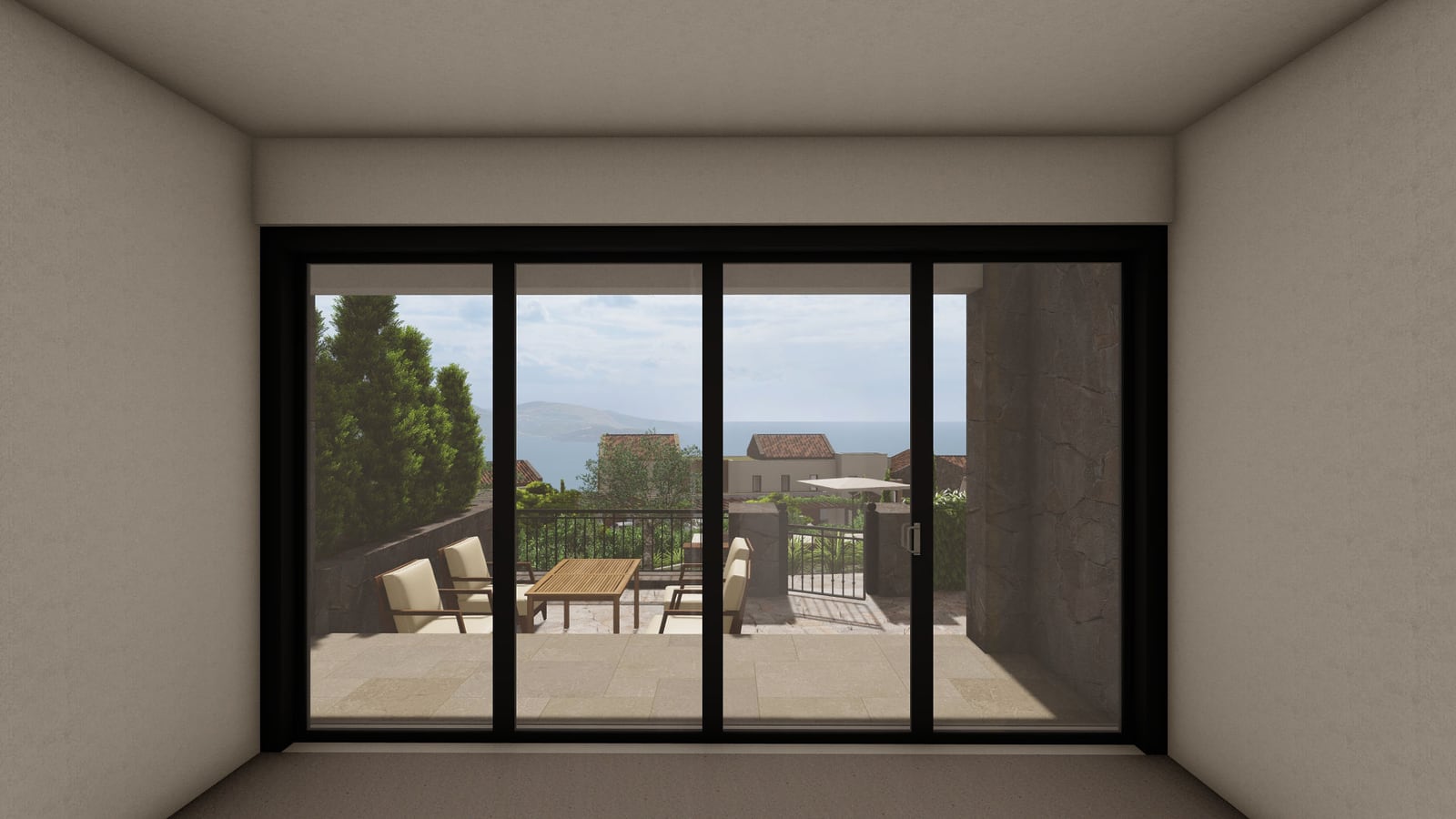 Wohnzimmer mit Panoramafenstern und Zugang zur Terrasse mit Meerblick im Komplex Lustica Bay, Montenegro.