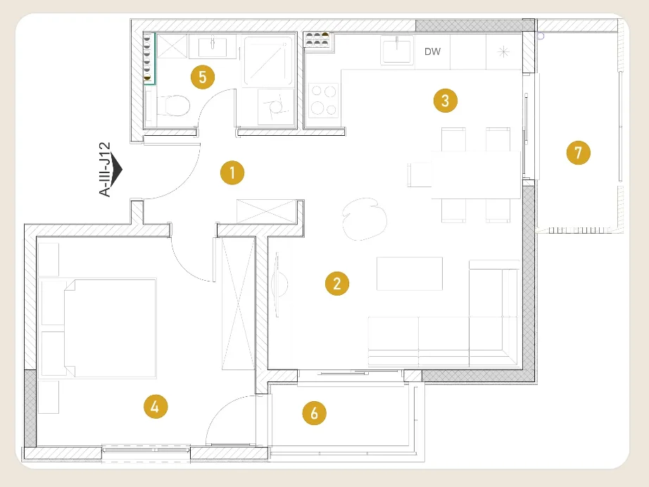 Yatak odası, mutfak, oturma odası ve banyoyu gösteren numaralandırılmış bölgeler içeren bir apartman mimari planı.