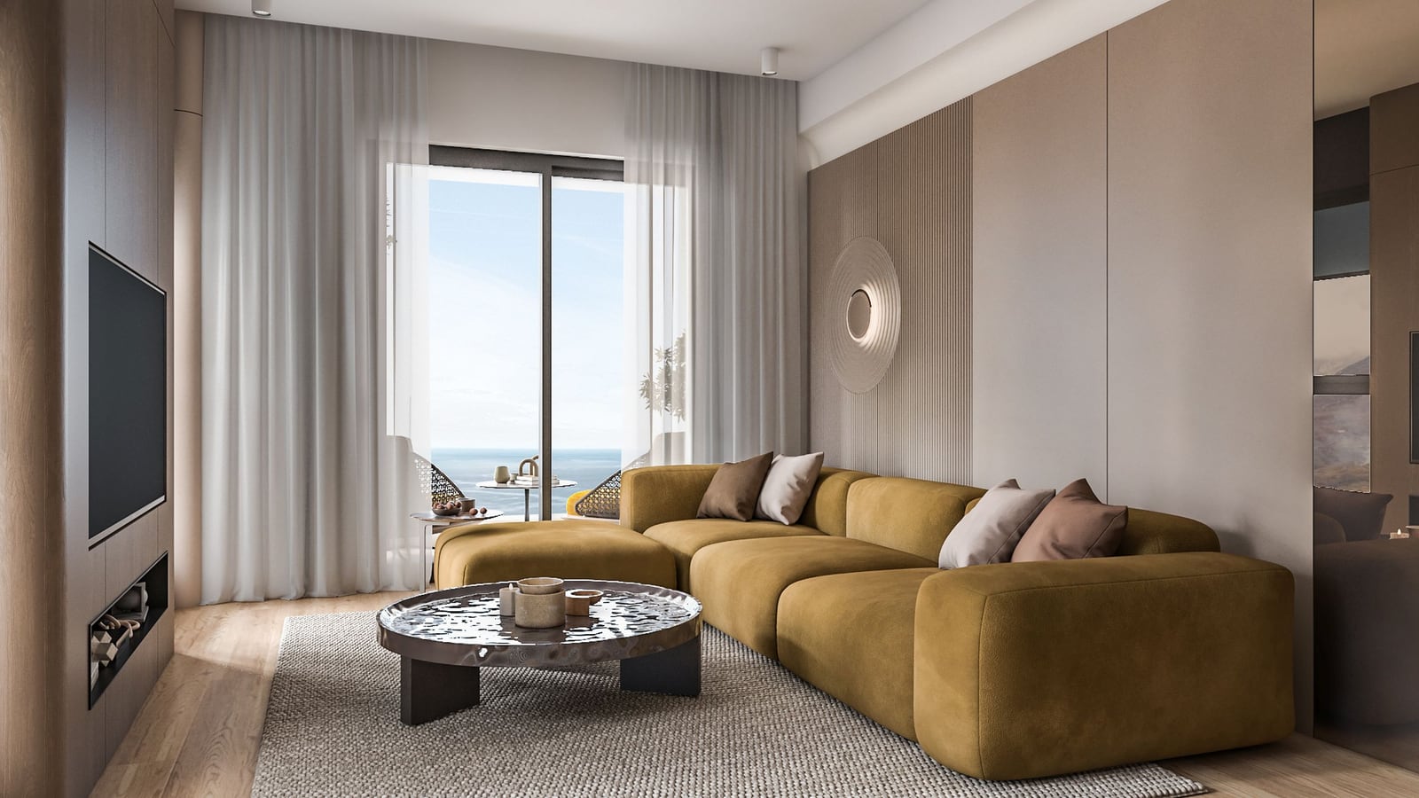 Modernes Wohnzimmer im ЖК Bar, Montenegro: senfgelbes Sofa, Designer-Couchtisch und Panoramablick auf das Meer von der Terrasse.