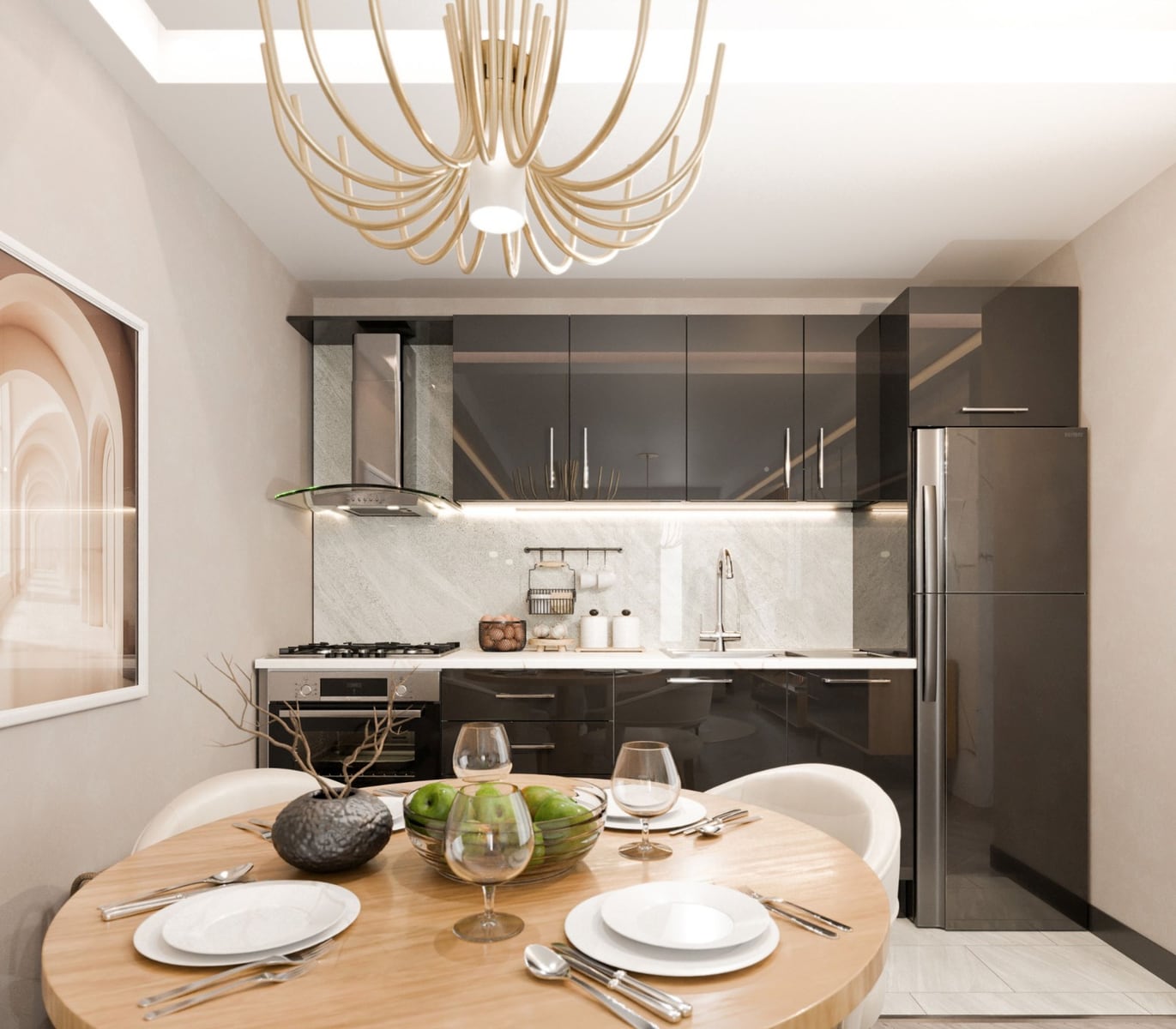 Cuisine moderne avec mobilier noir brillant et coin repas dans le complexe résidentiel Radanovici, Monténégro. Intérieur design.