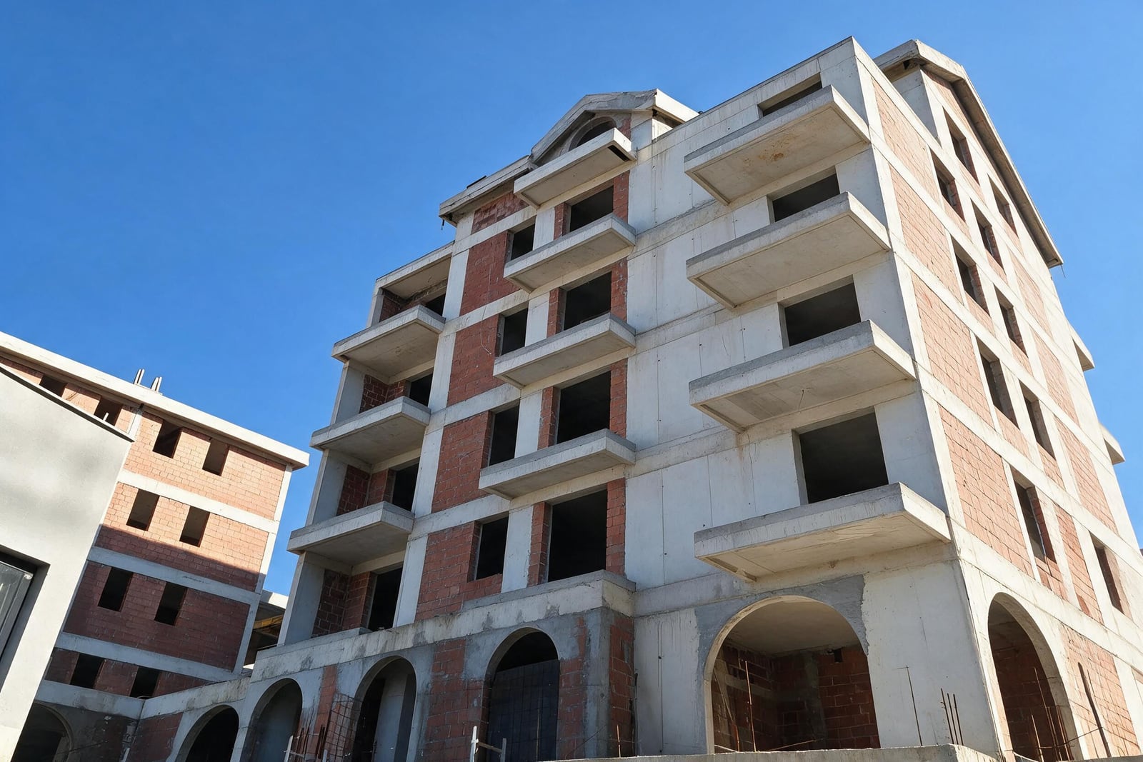 Under-construction monolithic multi-apartment building with balconies in Tivat, Montenegro