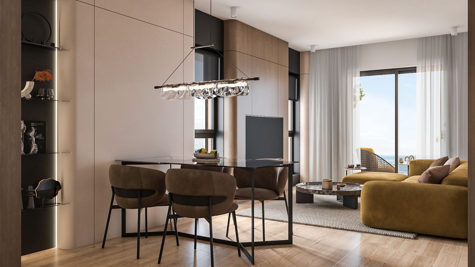 Modernes Wohnzimmer mit Essbereich im ЖК Bar, Montenegro: Designermöbel, Panoramafenster und Meerblick.