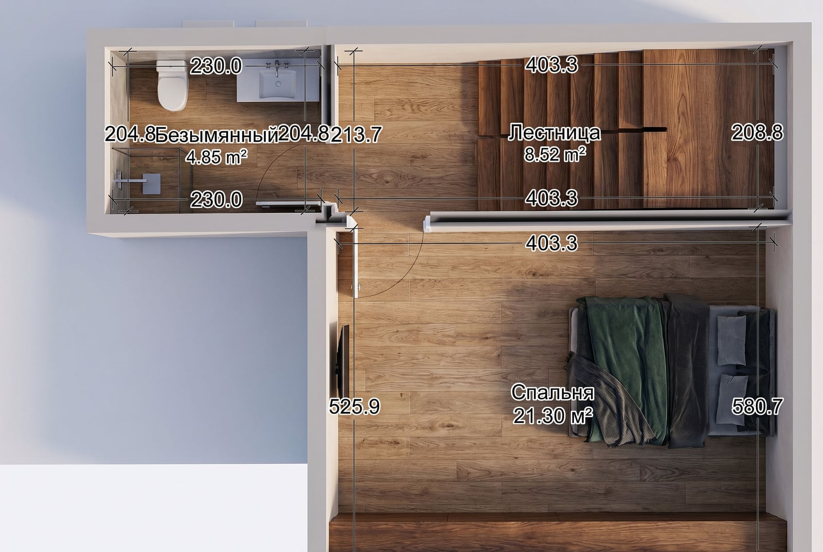 Plan de la chambre avec salle de bain et escalier d'une villa à Reževići, Monténégro : dessin détaillé avec dimensions des pièces.