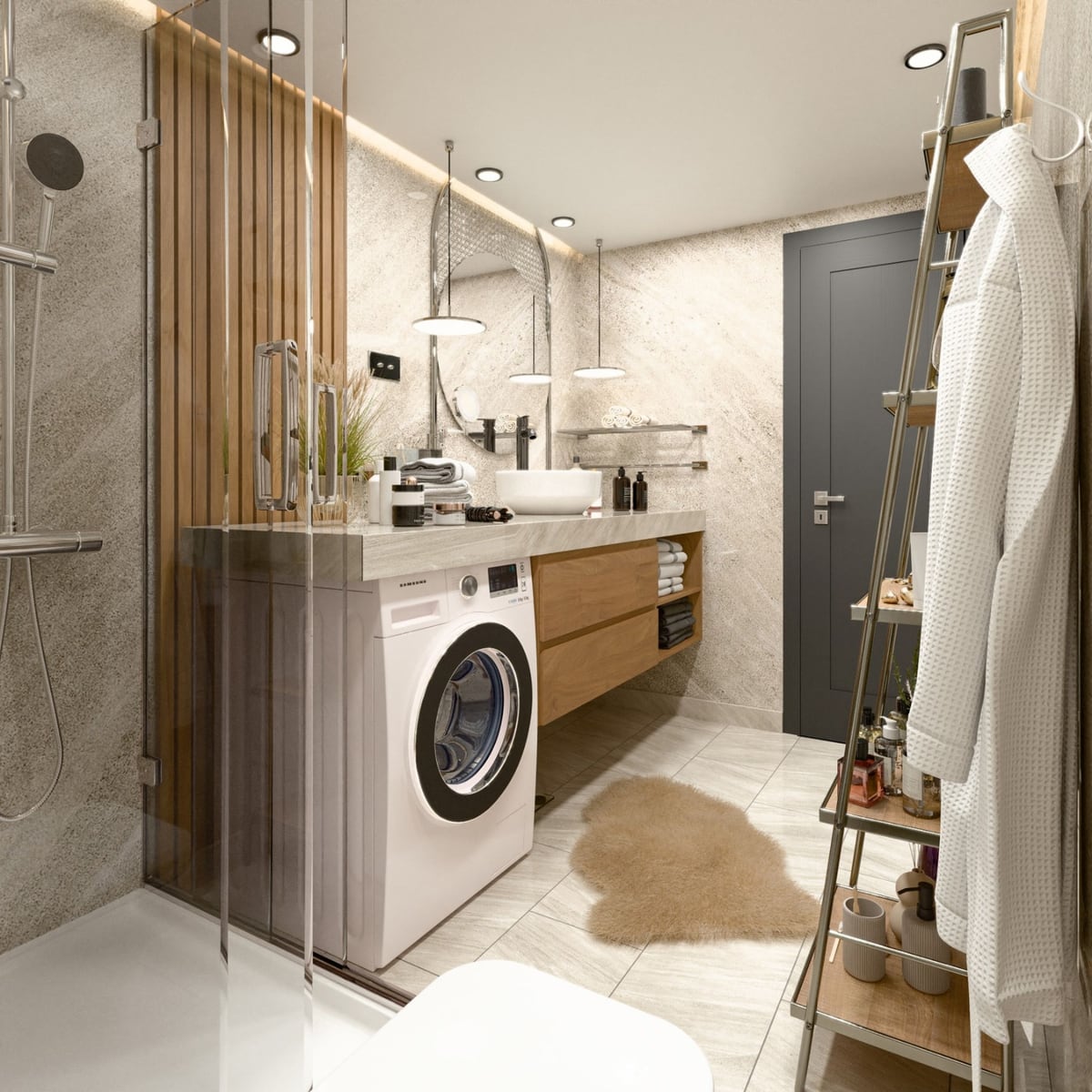 Salle de bains moderne avec douche et machine à laver dans le ЖК Radanovichi, Monténégro : design élégant, bois et pierre.