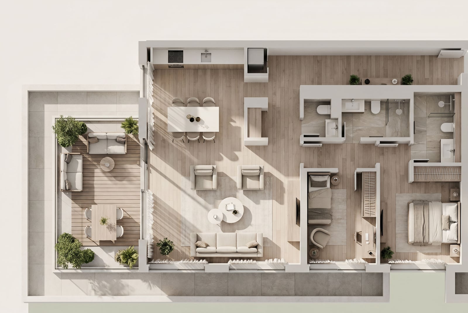 3D floor plan of an apartment in Tivat, Montenegro: spacious living room, furnished terrace, two bedrooms, and two bathrooms.