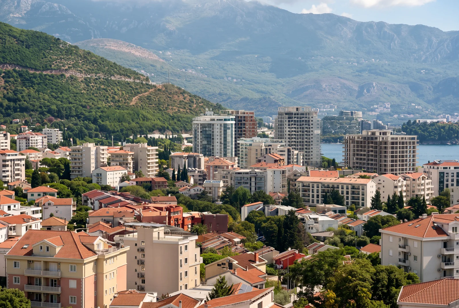 Panicaran prikaz gradskog pejzaža sa višespratnim zgradama, crvenim krovovima, morem i zelenim planinama.