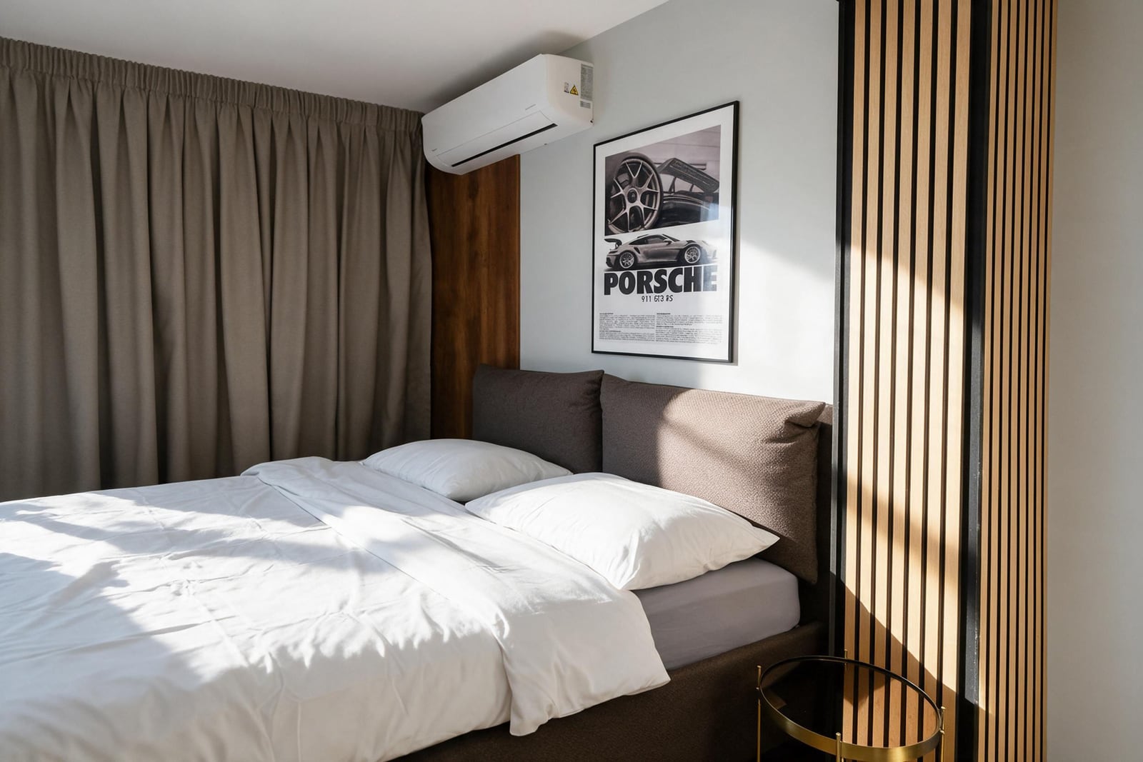 Modern bedroom with a double bed, wooden slats, and air conditioning in an apartment in Budva, Montenegro
