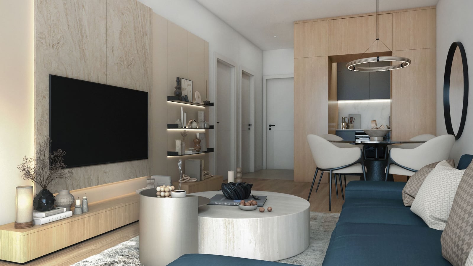 Modernes Wohnzimmer mit Küche im ЖК Bar, Montenegro: stilvolles Interieur, blaues Sofa, Steinverkleidung und Dekor.