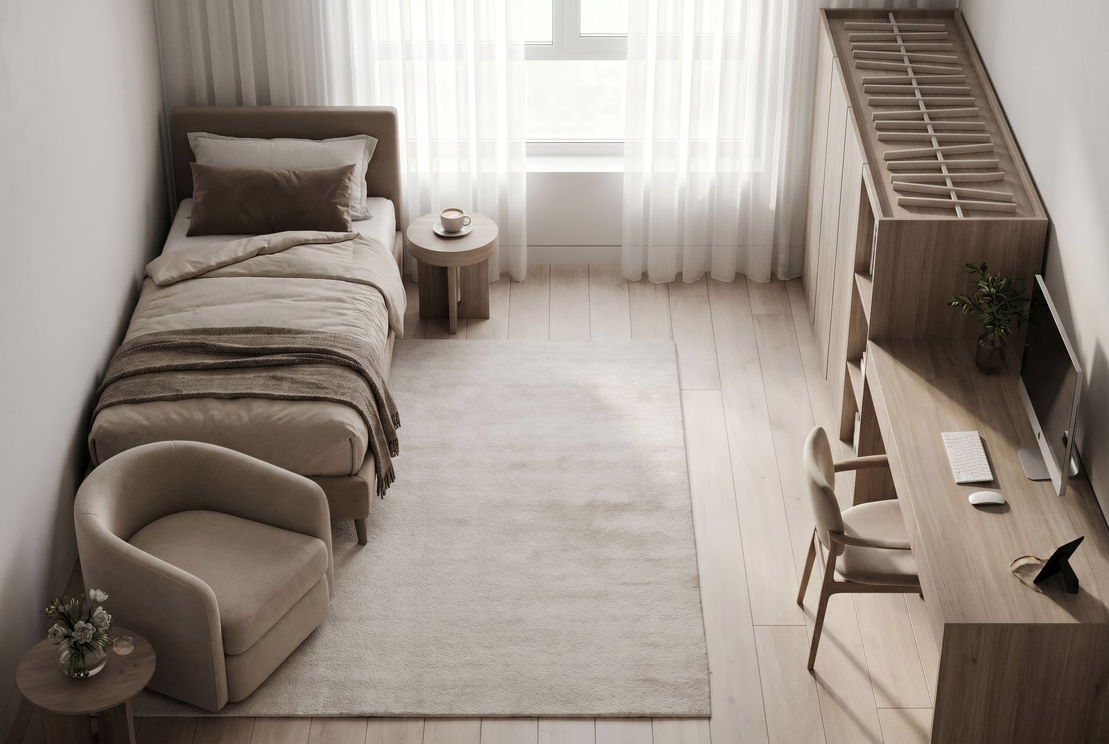 Modern bedroom in light tones with a bed, workspace, and armchair in a Tivat residential complex apartment, Montenegro.