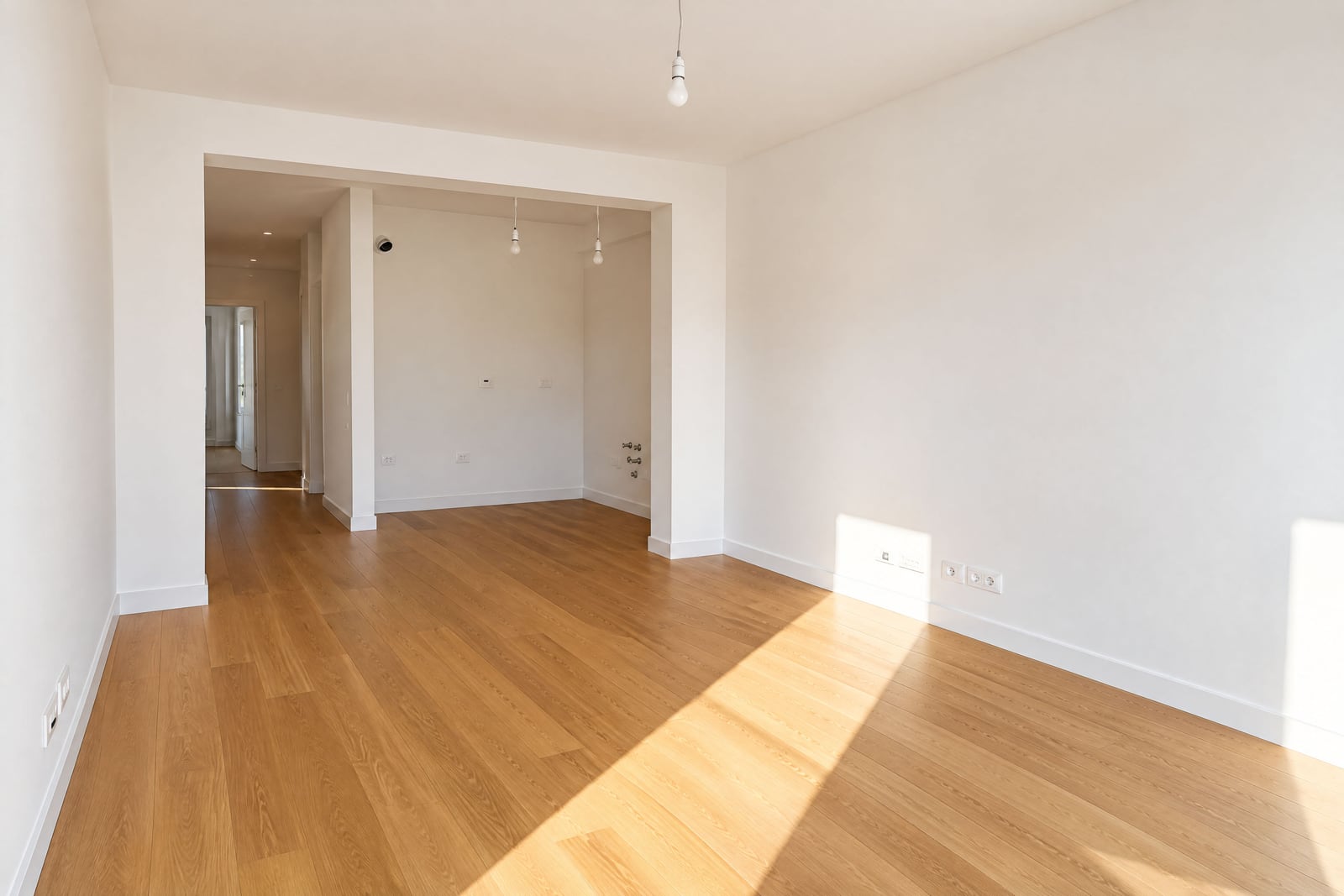 Bright empty living room with wooden floor and white walls in a new apartment in Becici, Montenegro